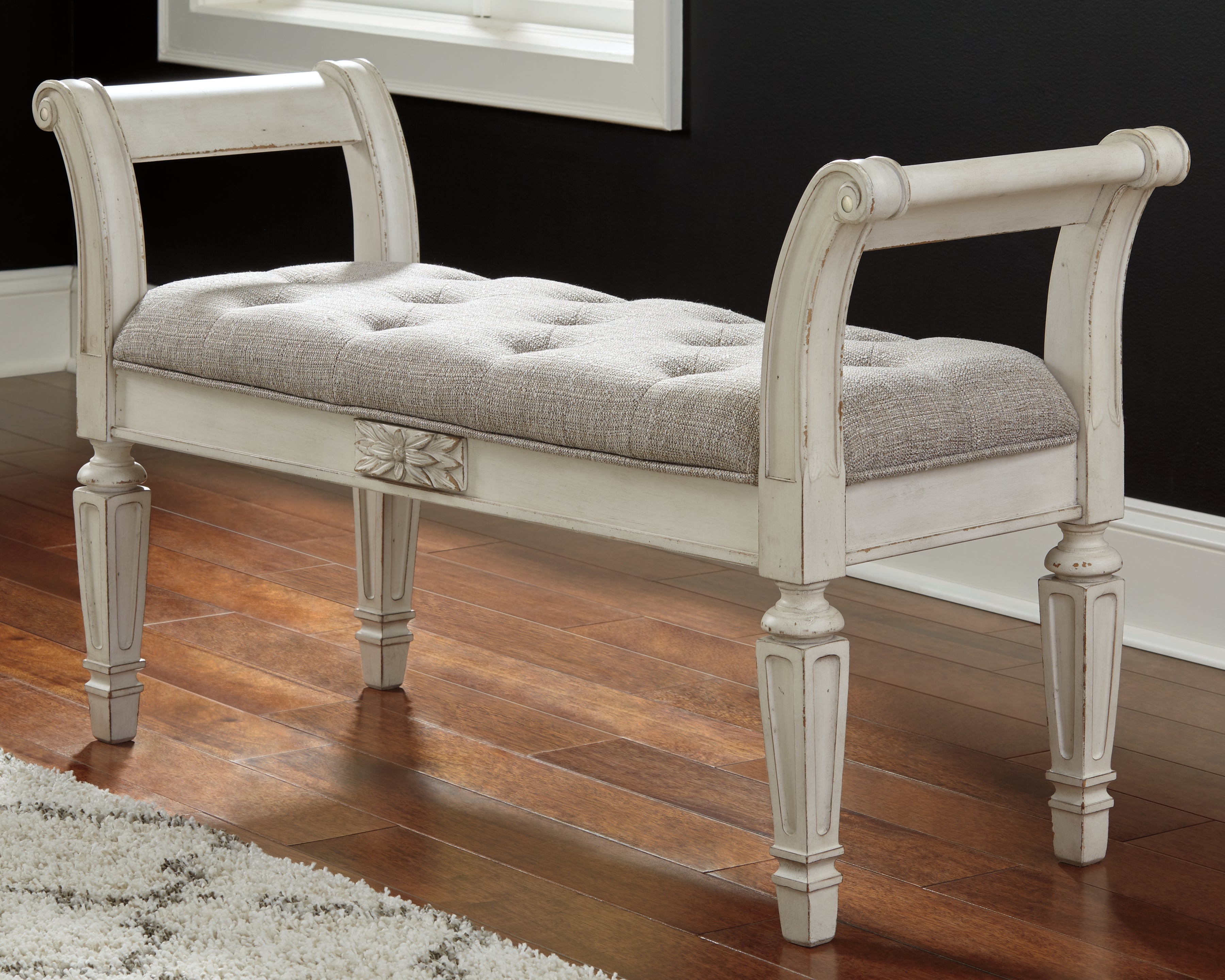 Leasing Furniture - Ashley Furniture - Realyn Accent Bench - Accent Bench / Antique White / 46"W x 16"D x 26"H - A3000157