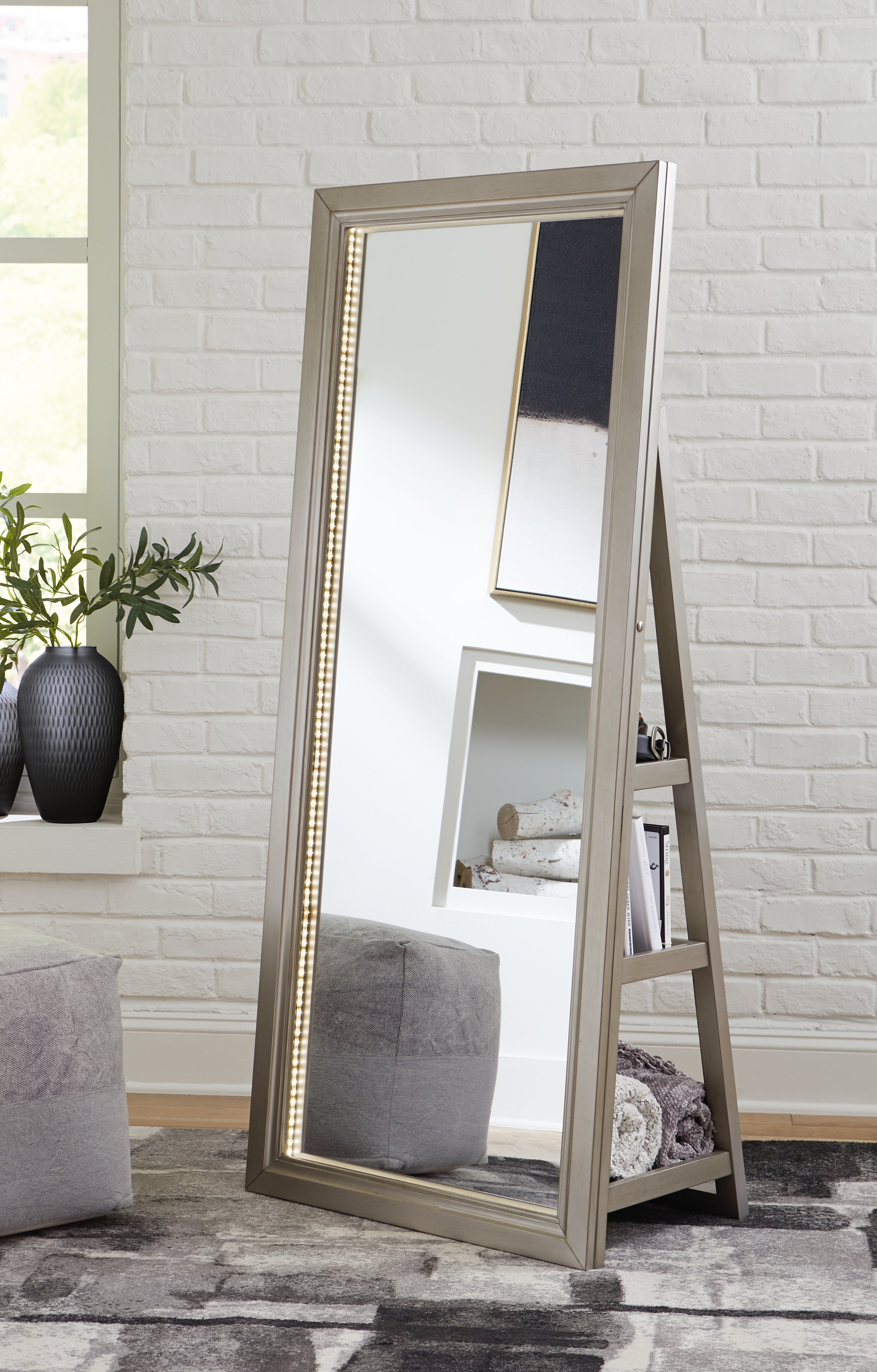 Leasing Furniture - Ashley Furniture - Evesen Mirror - Floor Standing Mirror/Storage / Black - A8010384
