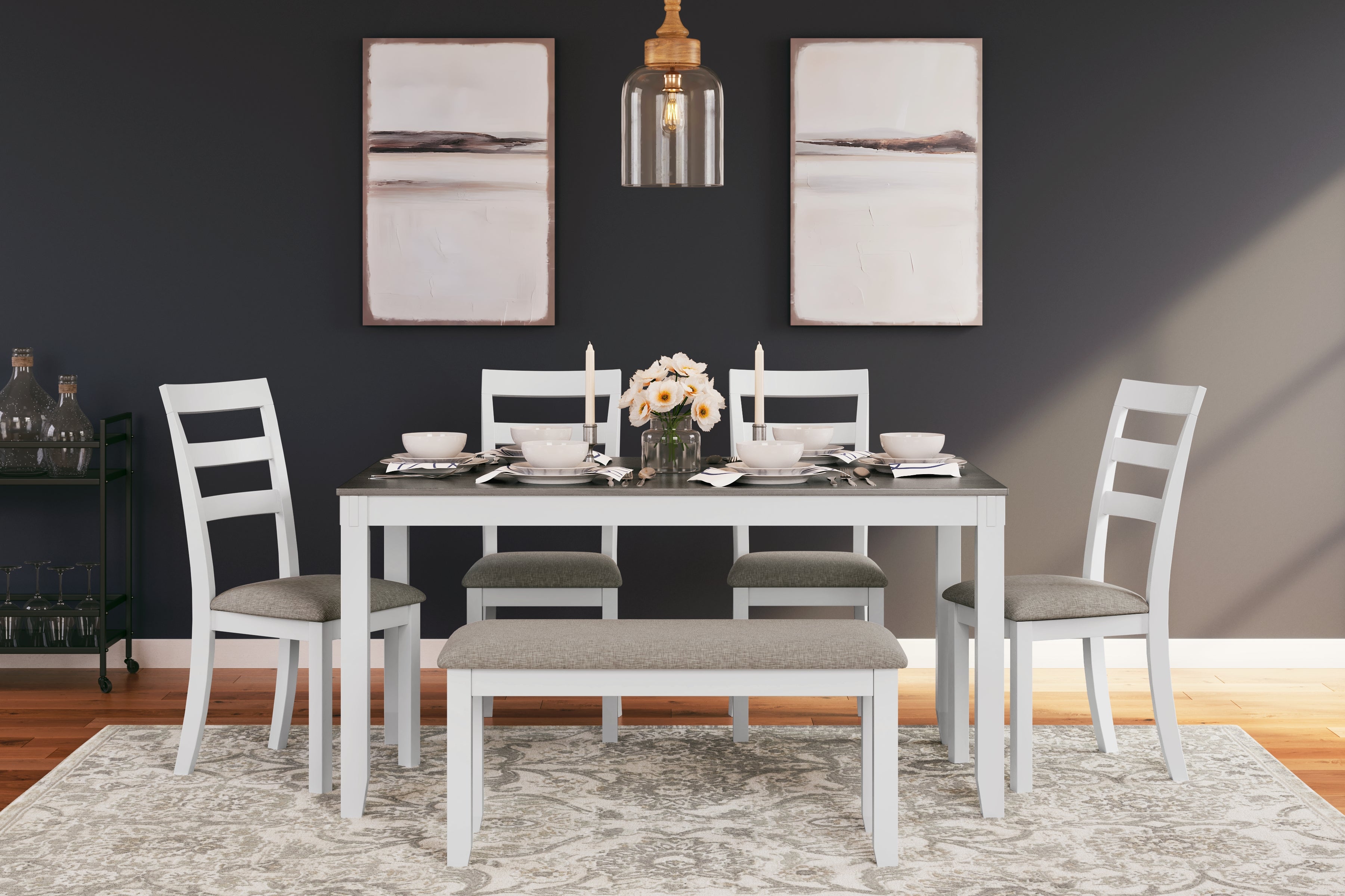 Leasing Furniture - Ashley Furniture - Stonehollow Dining Room - RECT DRM Table Set (6/CN) / White/Gray - D382-325