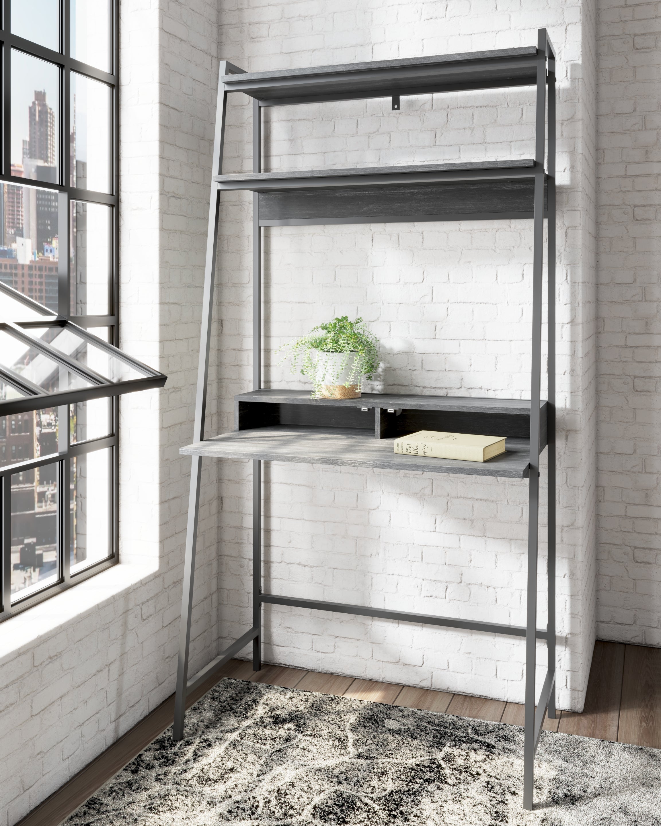 Leasing Furniture - Ashley Furniture - Yarlow Office Desk - Home Office Desk and Shelf / Black - H215-27