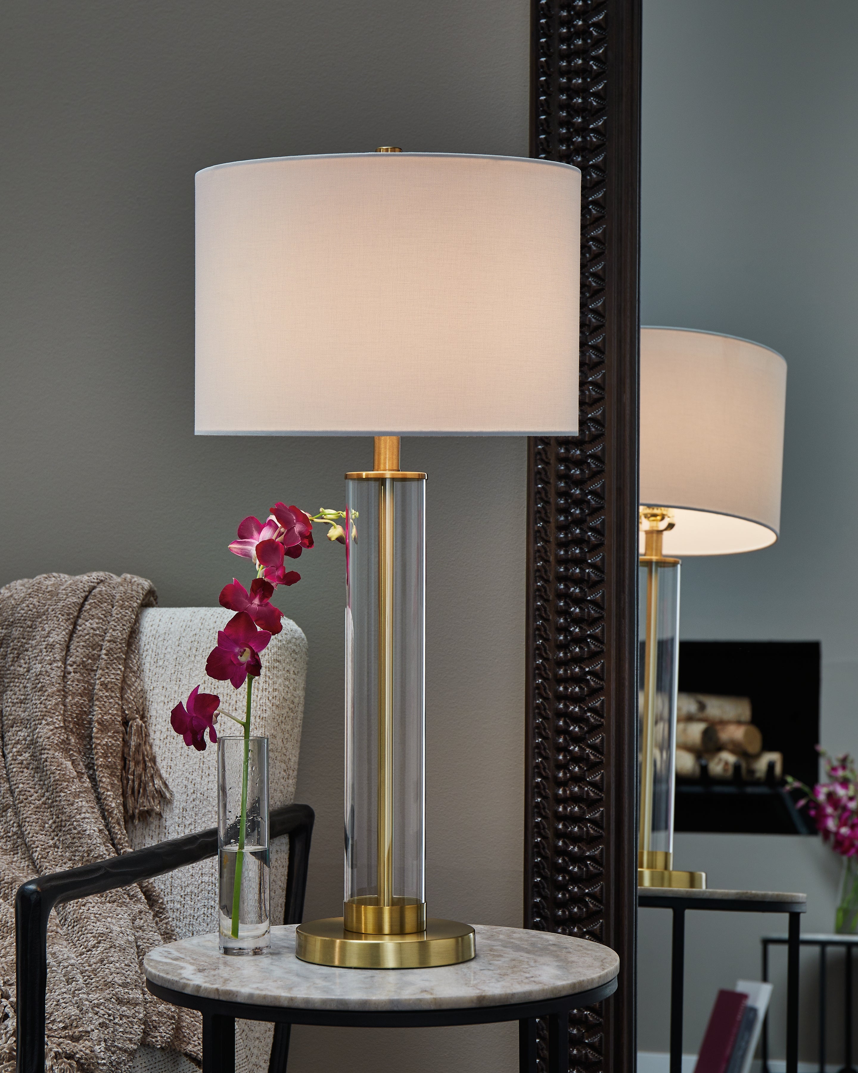 Leasing Furniture - Ashley Furniture - Orenman Lighting - Glass Table Lamp (Set of 2) / Clear/Brass Finish - L431584