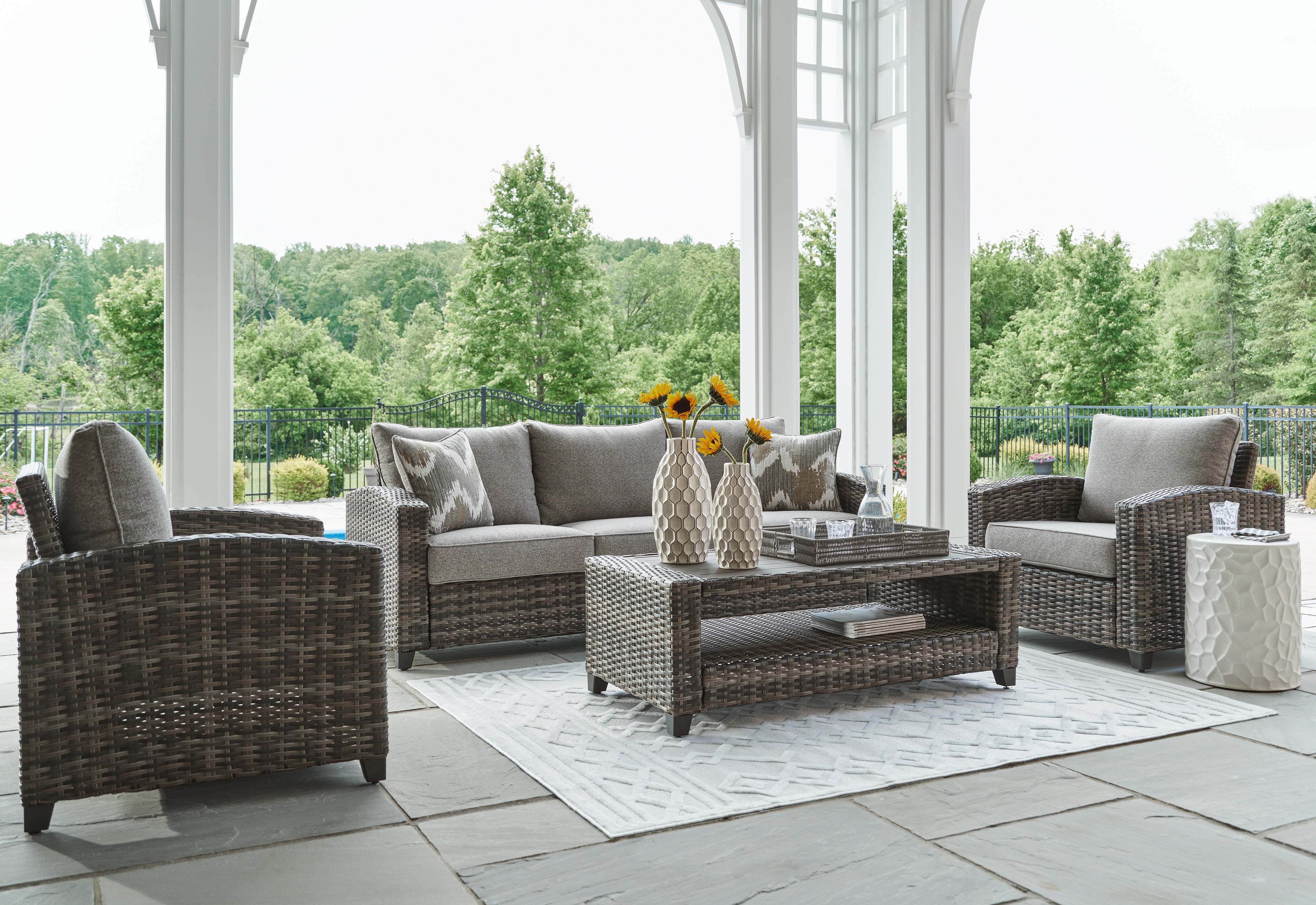 Leasing Furniture - Ashley Furniture - Oasis Court Outdoor - Sofa/Chairs/Table Set (4/CN) / Gray - P335-081