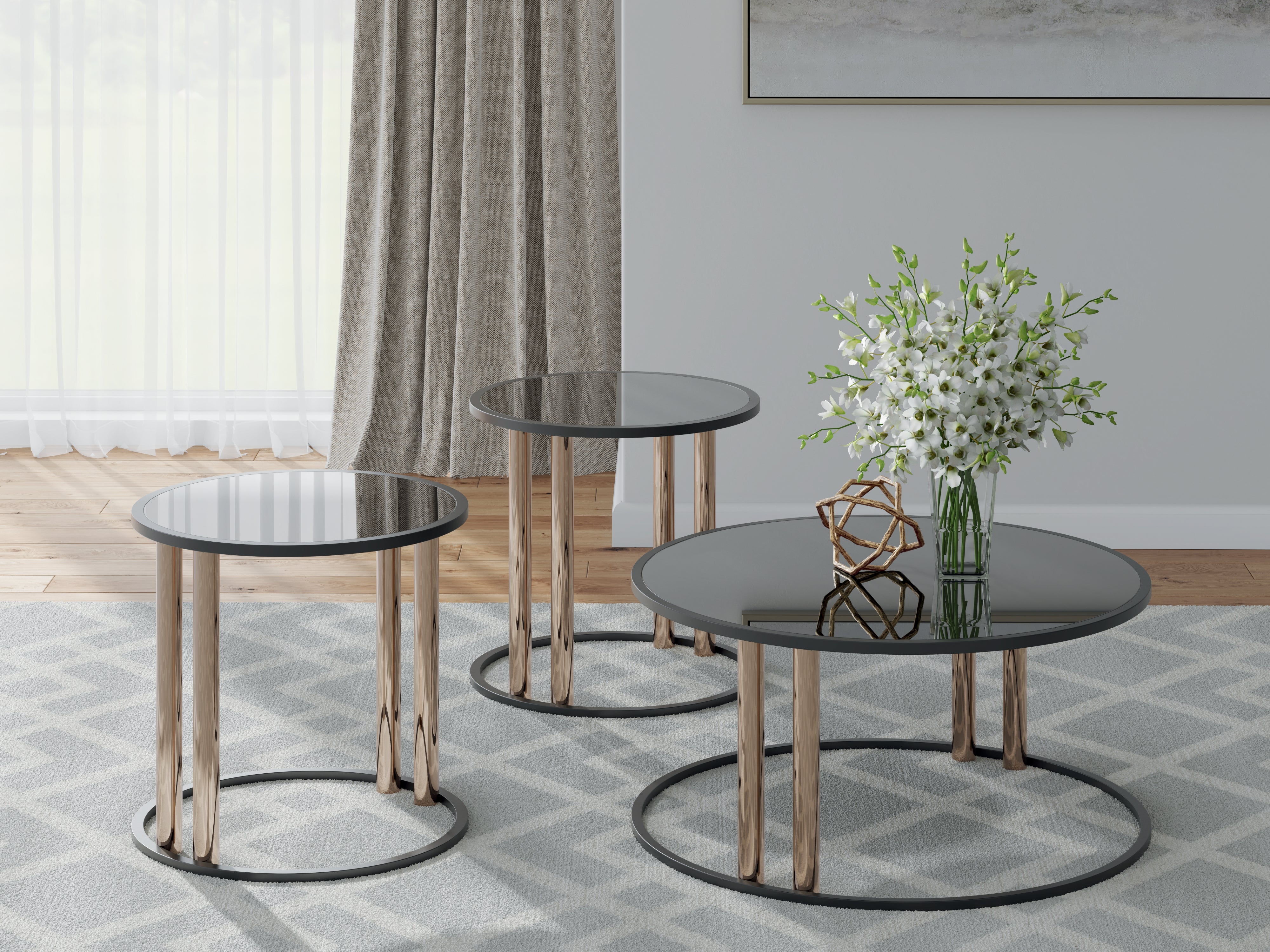 Leasing Furniture - Ashley Furniture - Hannerly Table (Set of 3) - Occasional Table Set (3/CN) / Black/Gold Finish - T219-13