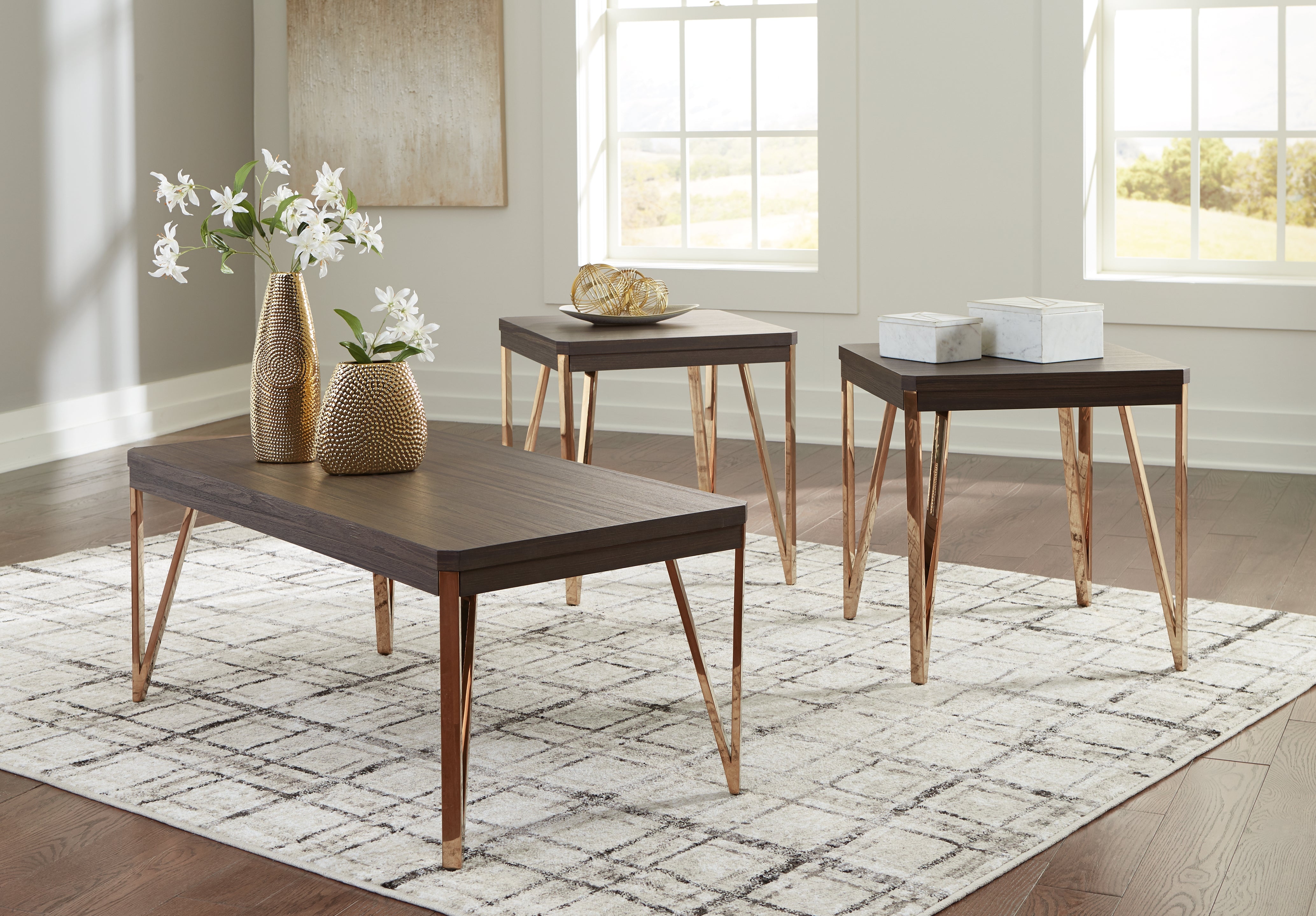 Leasing Furniture - Ashley Furniture - Bandyn Table (Set of 3) - Occasional Table Set (3/CN) / Brown/Champagne - T404-13