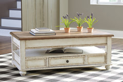 Leasing Furniture - Ashley Furniture - Realyn Coffee Table with Lift Top - Lift Top Cocktail Table / White/Brown - T523-9