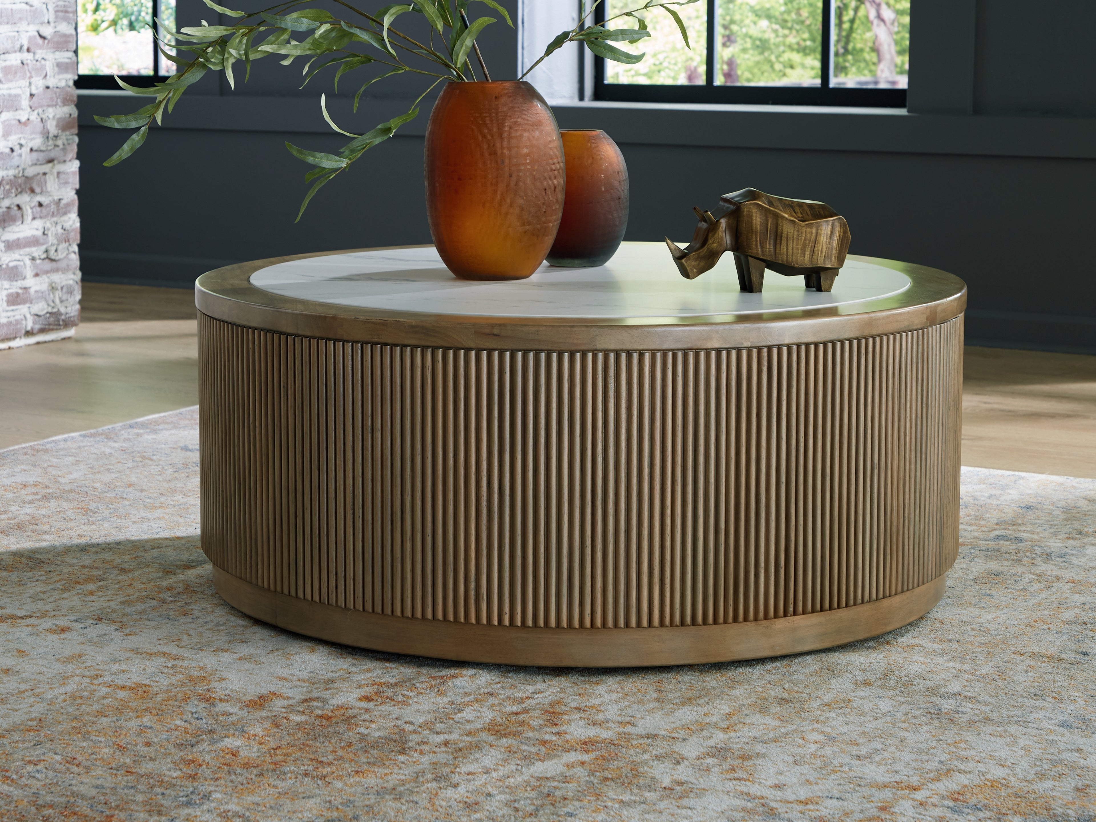 Leasing Furniture - Ashley Furniture - Camdill Coffee Table - Round Cocktail Table / Light Brown/White - T808-8