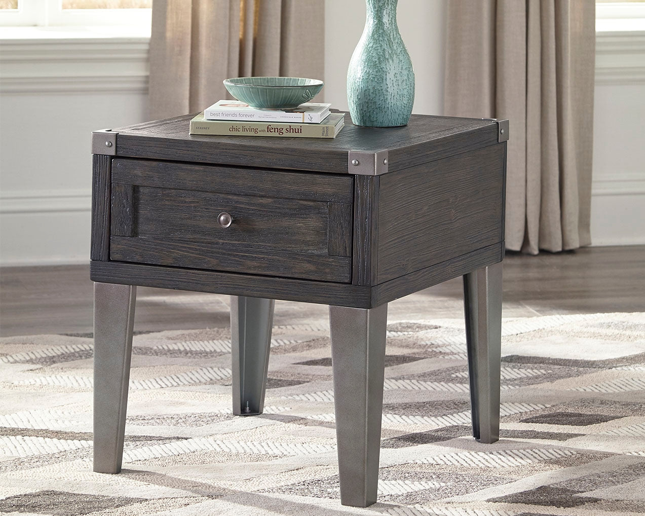 Leasing Furniture - Ashley Furniture - Todoe End Table with USB Ports & Outlets - Rectangular End Table / Dark Gray - T901-3