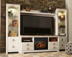Leasing Furniture - Ashley Furniture - Willowton 4-Piece Entertainment Center with Electric Fireplace - 4-Piece Entertainment Center with Electric Fireplace / Whitewash - W267W9