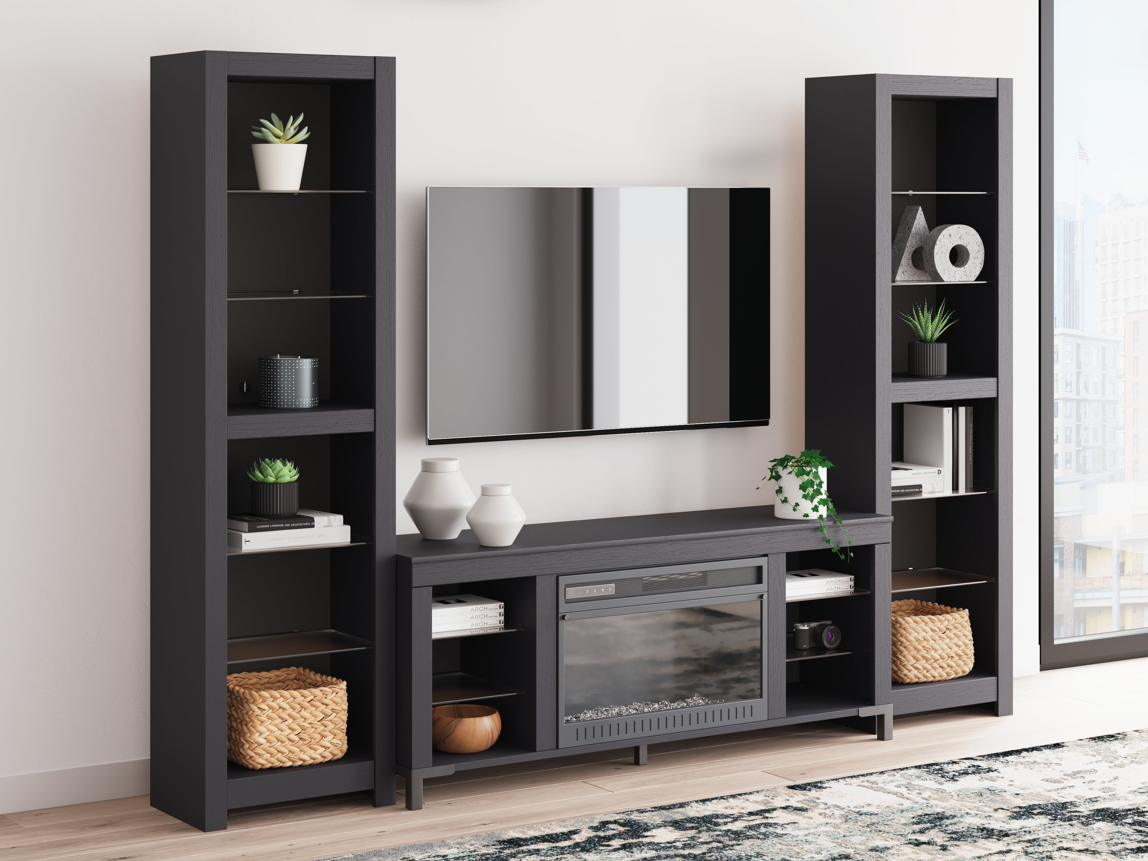 Leasing Furniture - Ashley Furniture - Cayberry 3-Piece Entertainment Center with Electric Fireplace - 3-Piece Entertainment Center with Electric Fireplace / Black - W2721W2