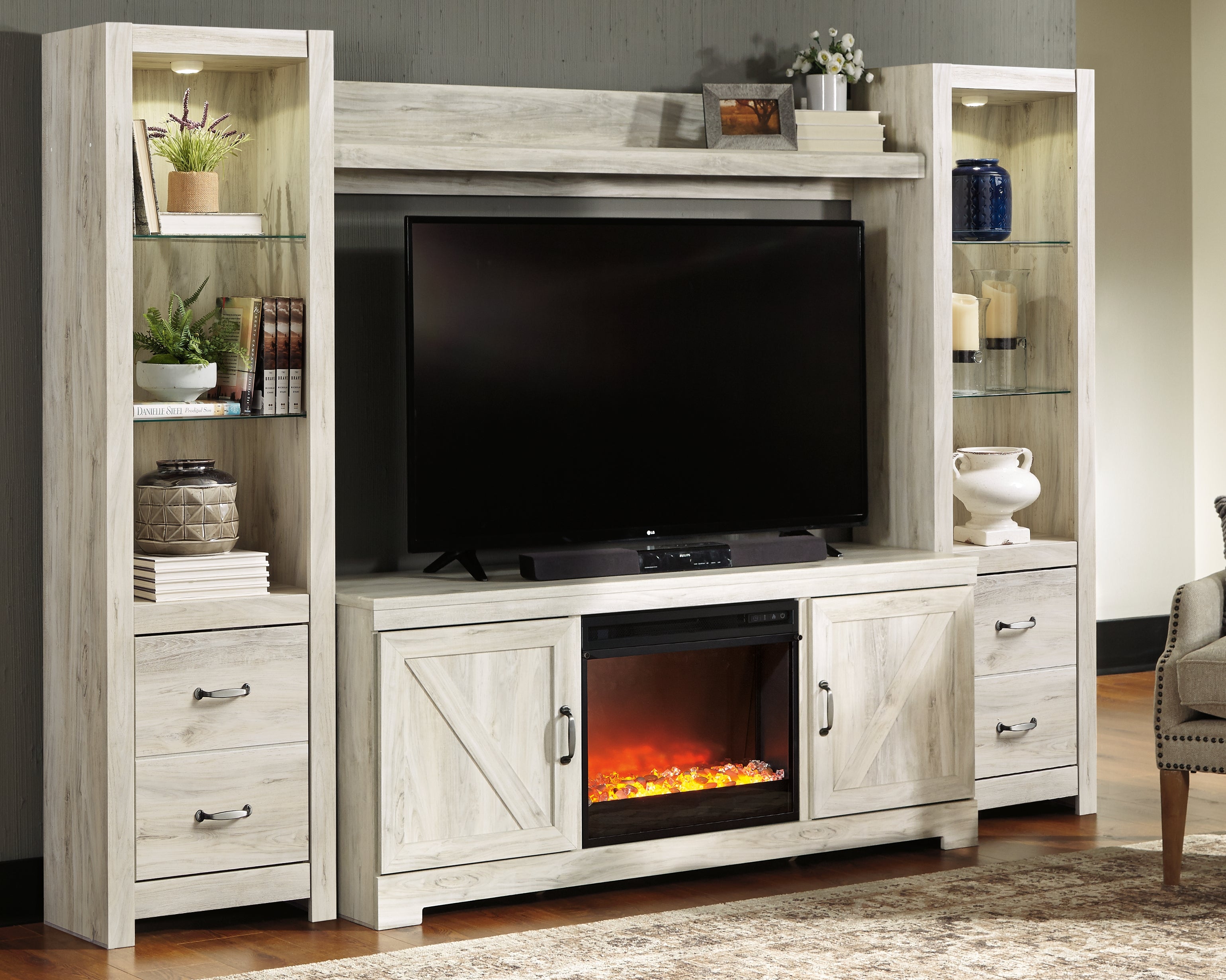 Leasing Furniture - Ashley Furniture - Bellaby 4-Piece Entertainment Center with Fireplace - 4-Piece Entertainment Center with Fireplace / Whitewash - W331W5