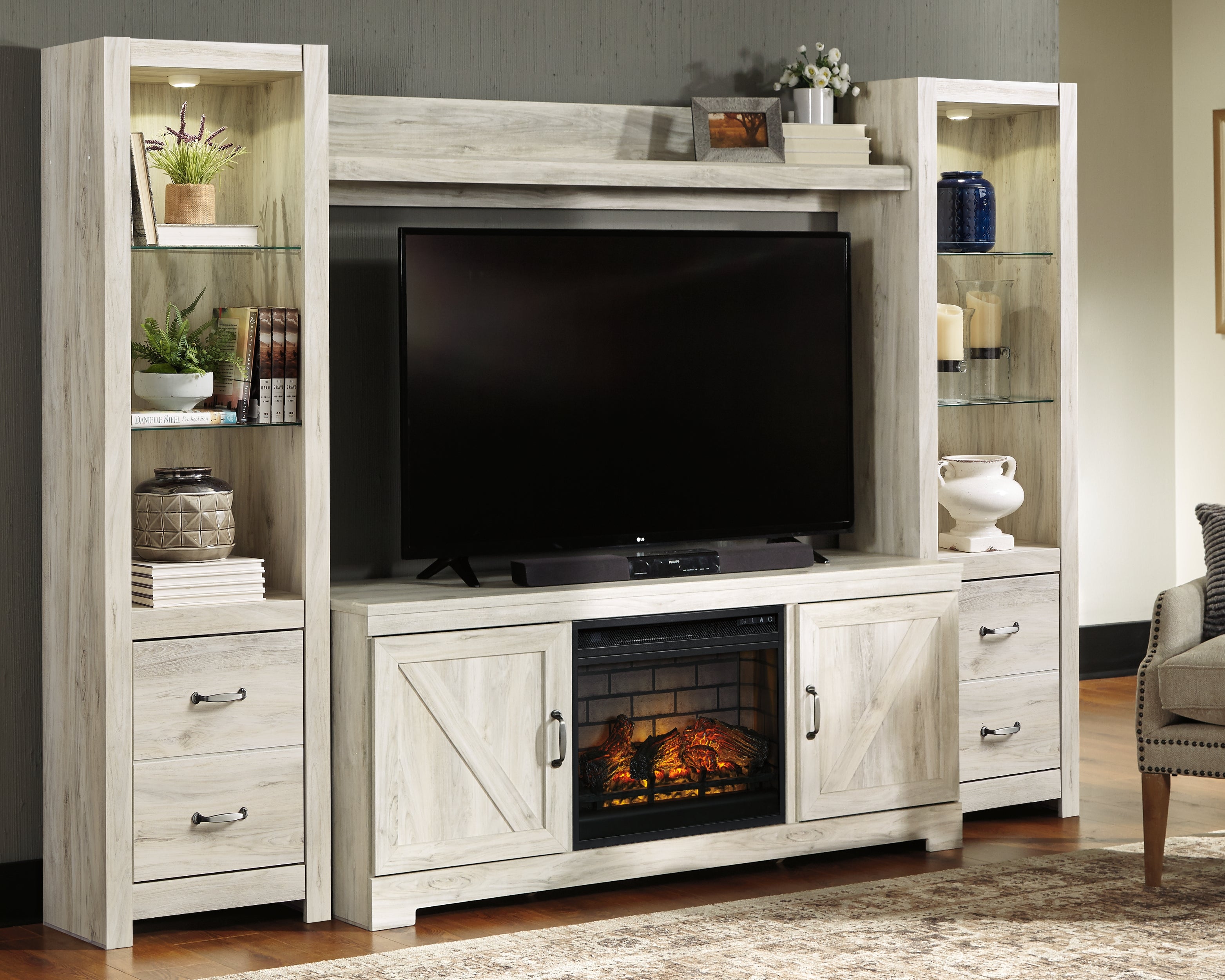 Leasing Furniture - Ashley Furniture - Bellaby 4-Piece Entertainment Center with Electric Fireplace - 4-Piece Entertainment Center with Electric Fireplace / Whitewash - W331W8