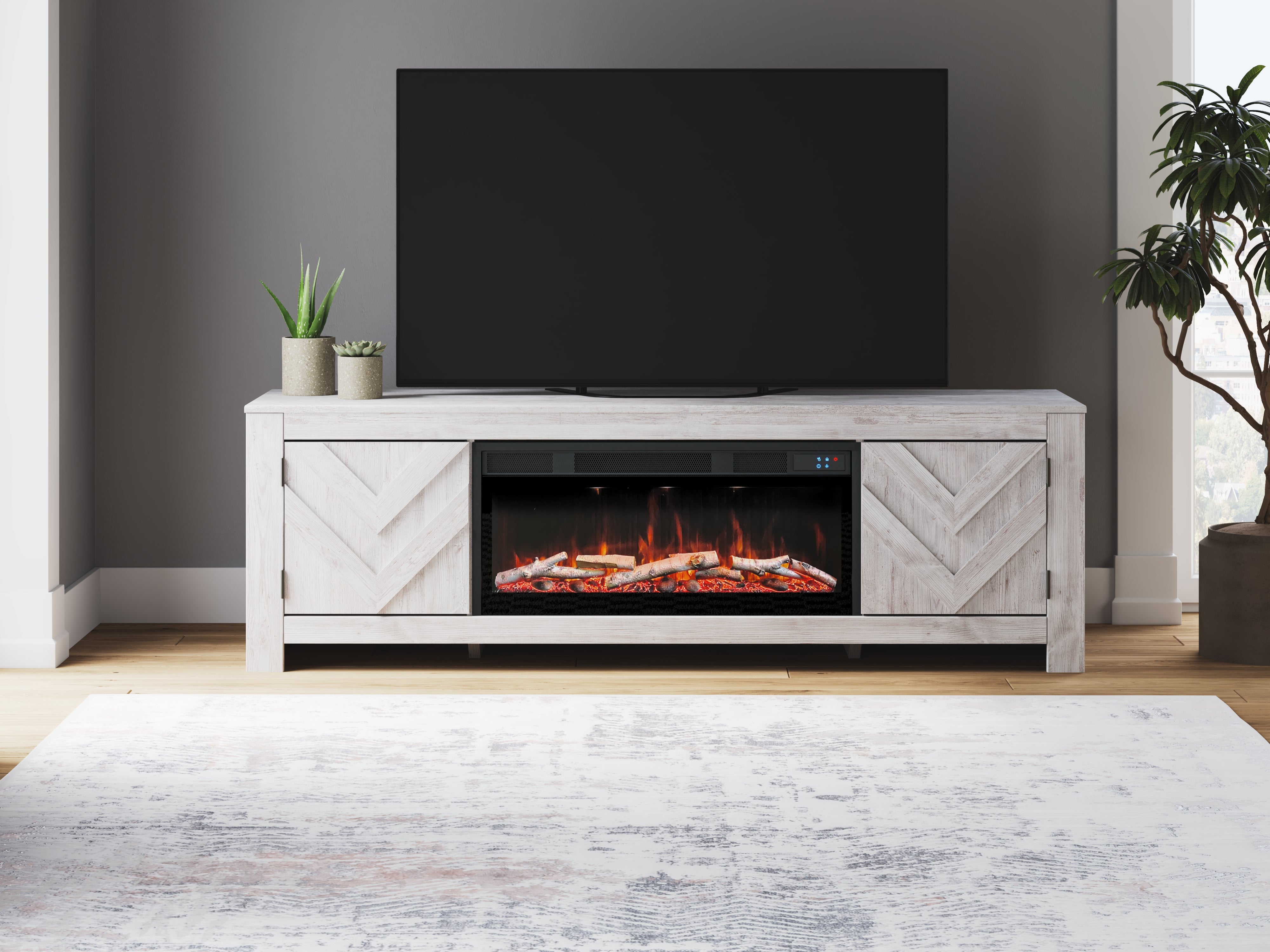 Leasing Furniture - Ashley Furniture - Cayboni 71" TV Stand with Electric Fireplace - 71" TV Stand with Electric Fireplace / Whitewash - W3788W1