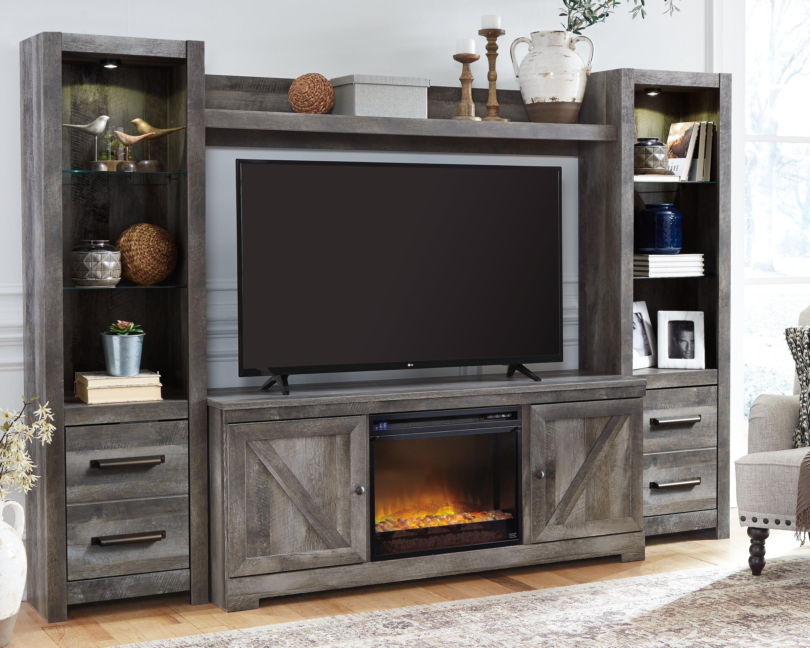 Leasing Furniture - Ashley Furniture - Wynnlow 4-Piece Entertainment Center with Electric Fireplace - 4-Piece Entertainment Center with Electric Fireplace / Gray - W440W5
