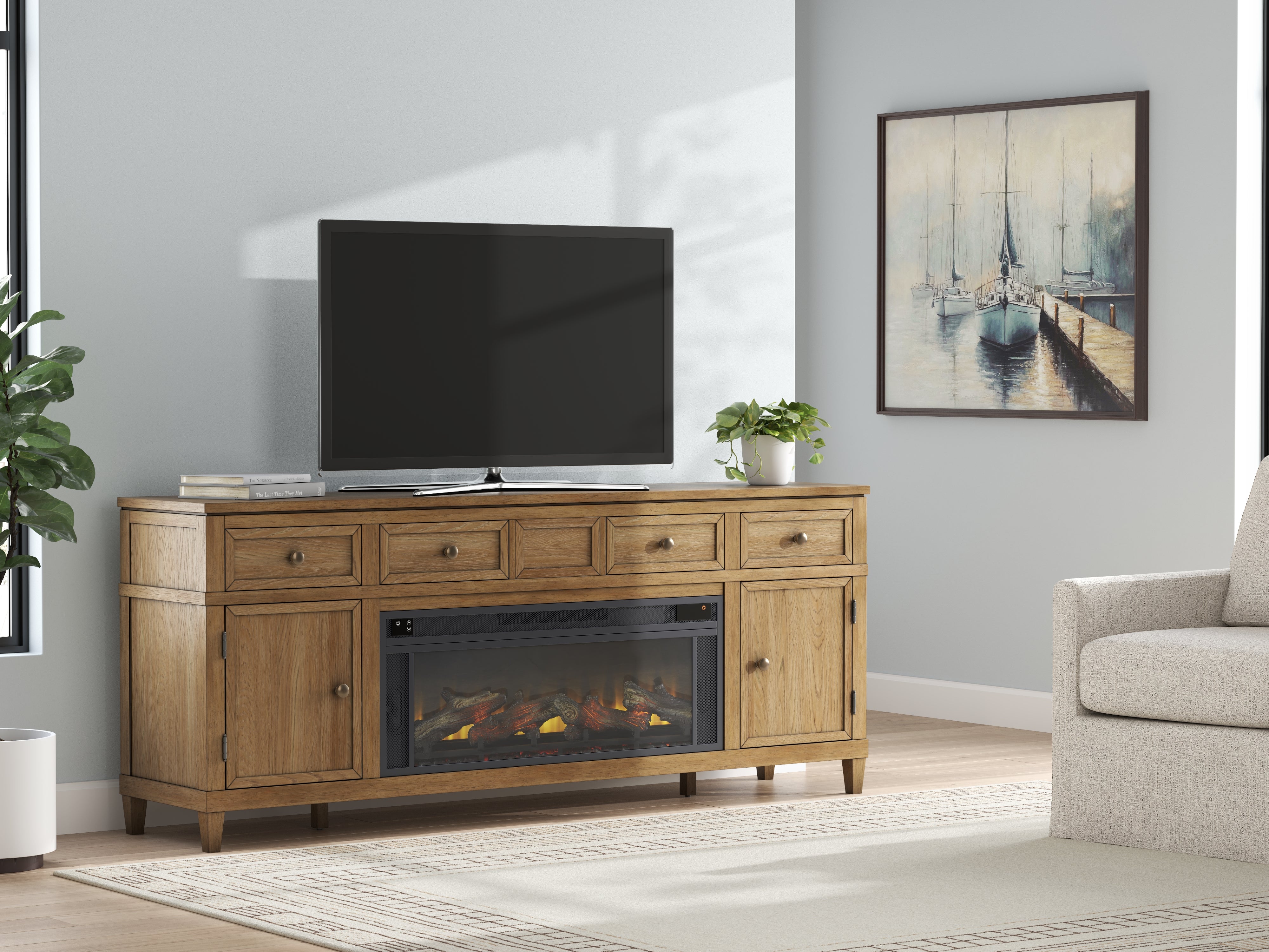 Leasing Furniture - Ashley Furniture - Sharlance 81" TV Stand with Electric Fireplace - 81" TV Stand with Electric Fireplace / Light Brown - W655W1