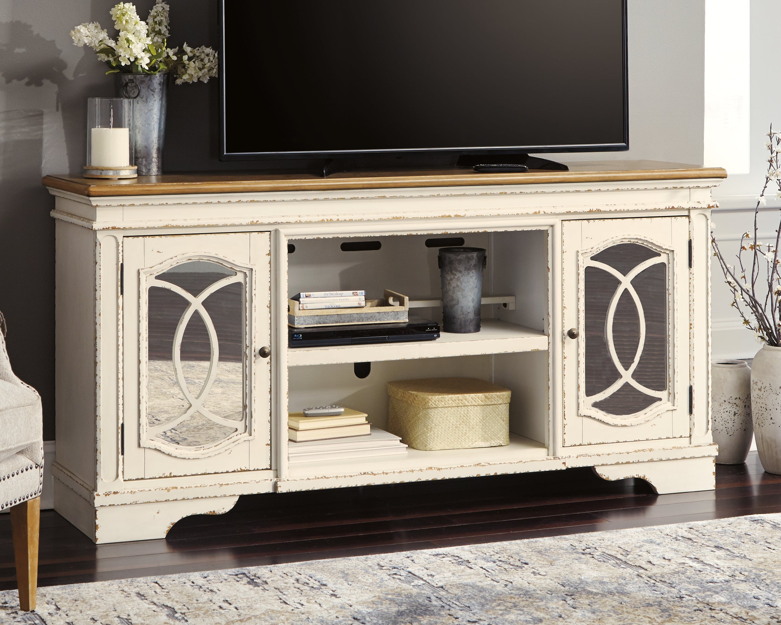 Leasing Furniture - Ashley Furniture - Realyn 74" TV Stand - 74" / Chipped White - W743-68