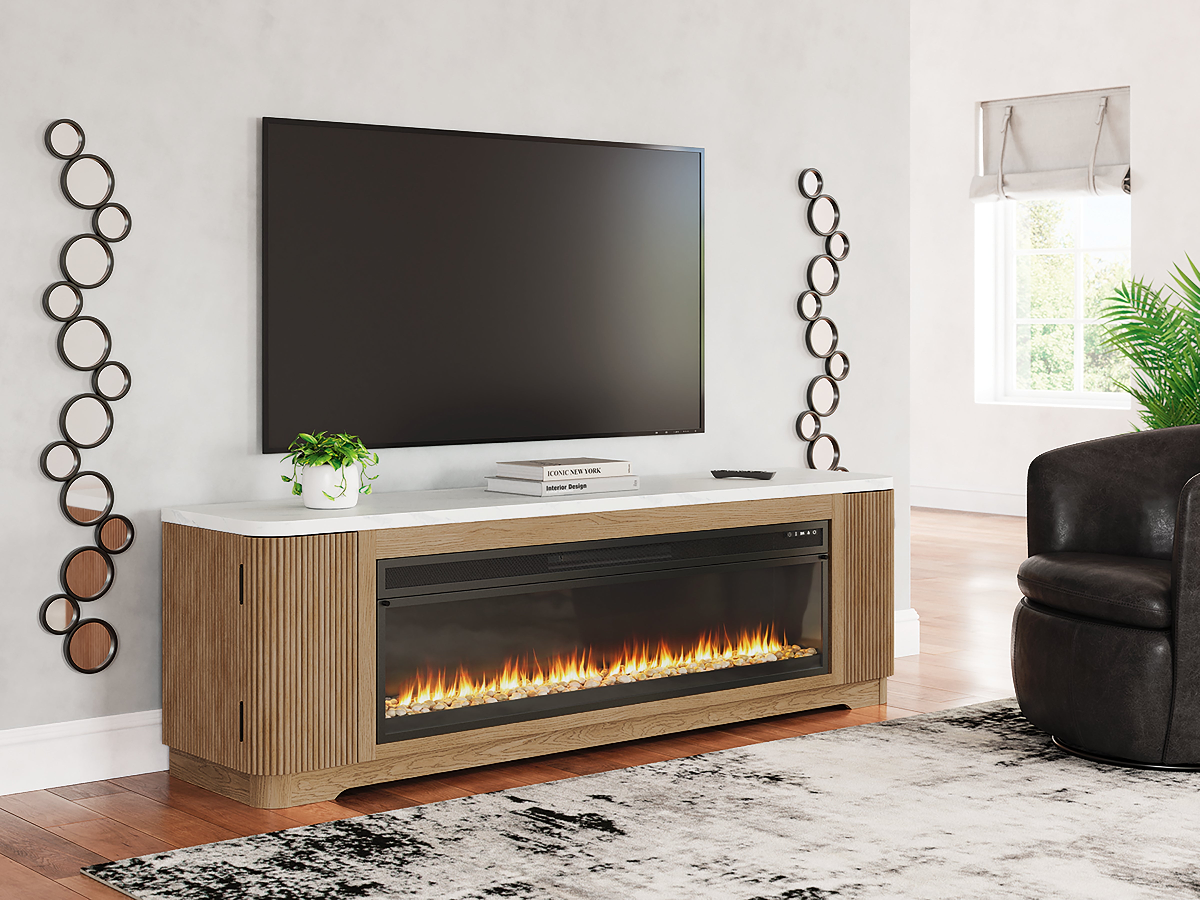 Leasing Furniture - Ashley Furniture - Camdill 80" TV Stand with Electric Fireplace - 80" TV Stand with Electric Fireplace / Light Brown - W808W1