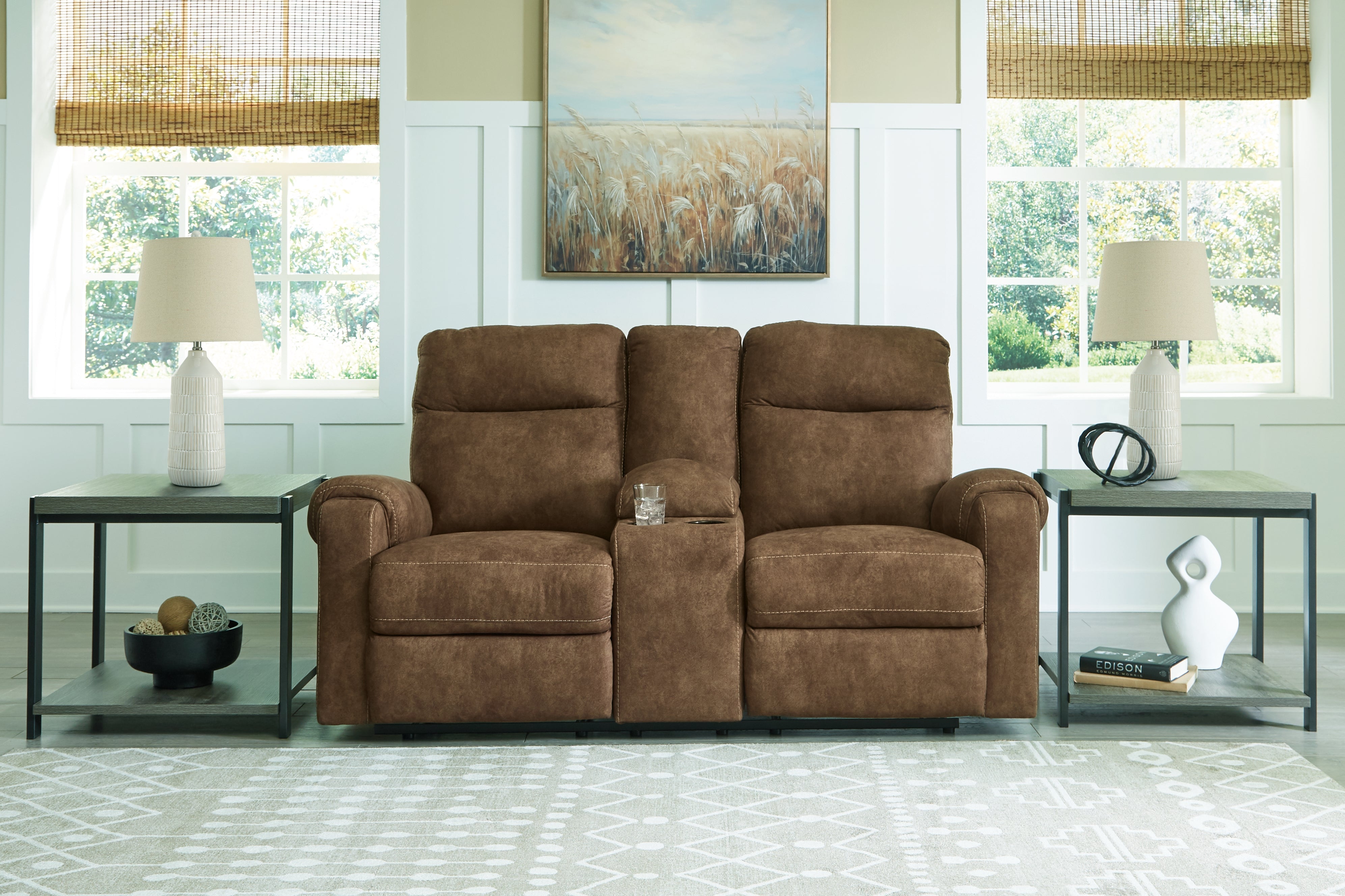 Leasing Furniture - Ashley Furniture - Edenwold Living Room - DBL Rec Loveseat w/Console / Brindle - 1380594