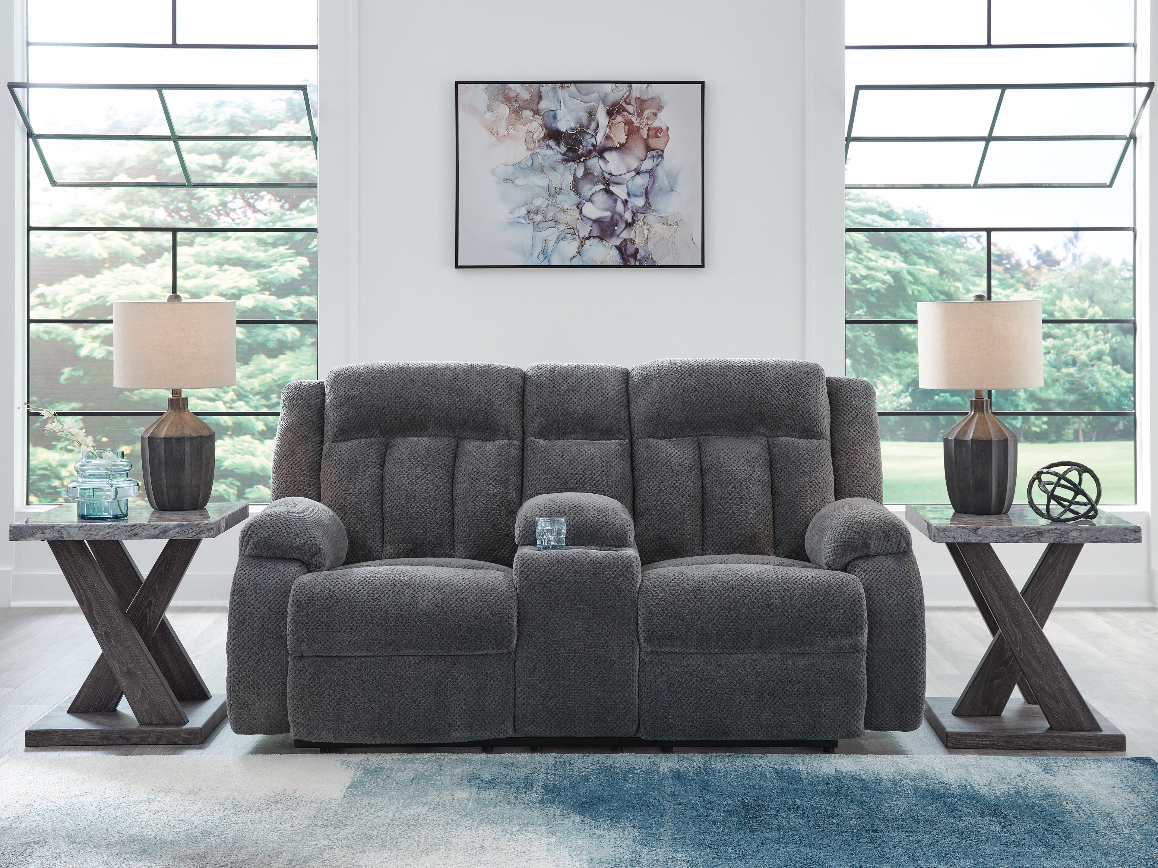 Leasing Furniture - Ashley Furniture - Observation Living Room - DBL REC PWR Loveseat w/Console / Steel - PC2140596