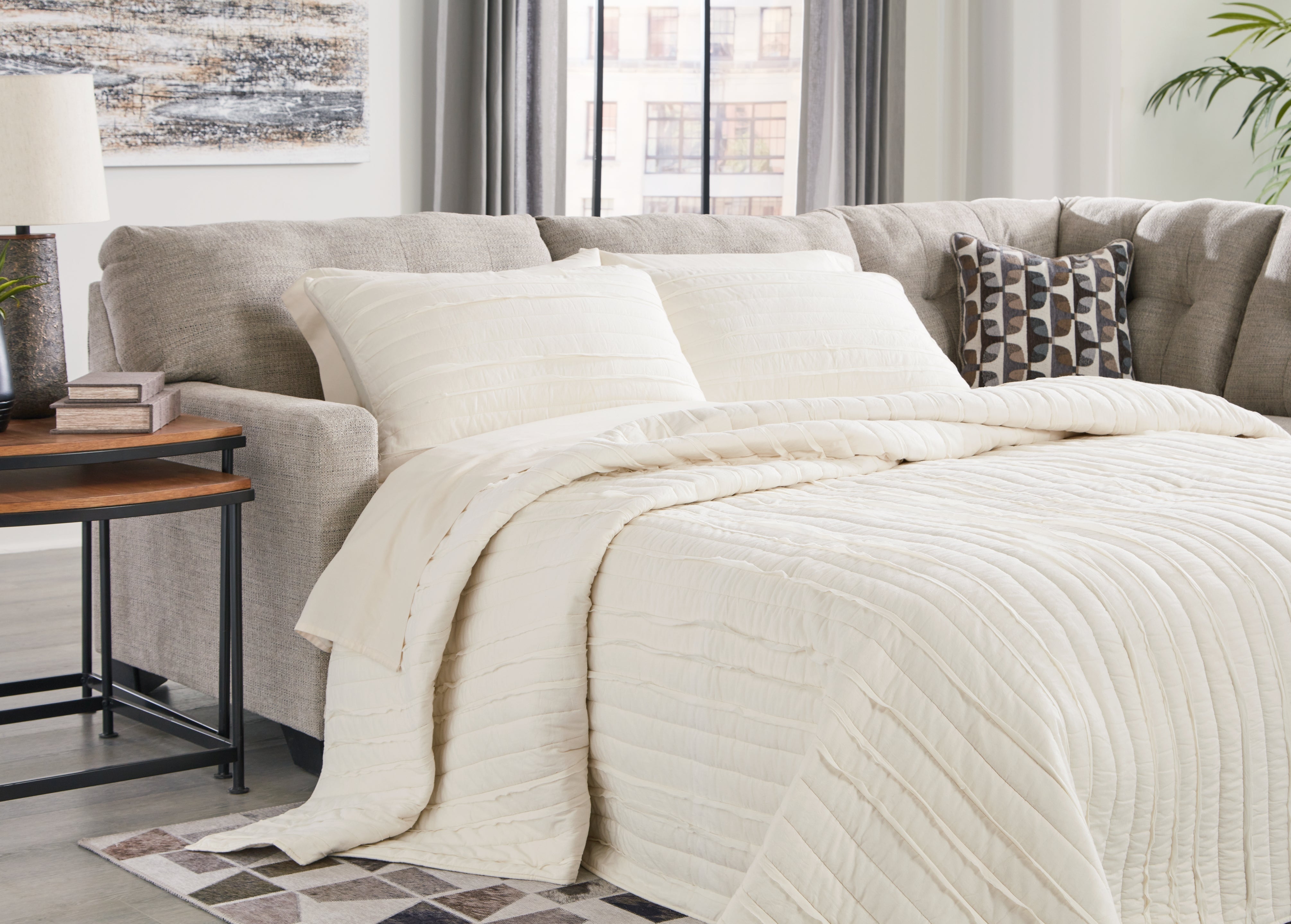 Leasing Furniture - Ashley Furniture - Mahoney Sectional - 2-Piece Sleeper Sectional with Chaise / Pebble - 31004S4