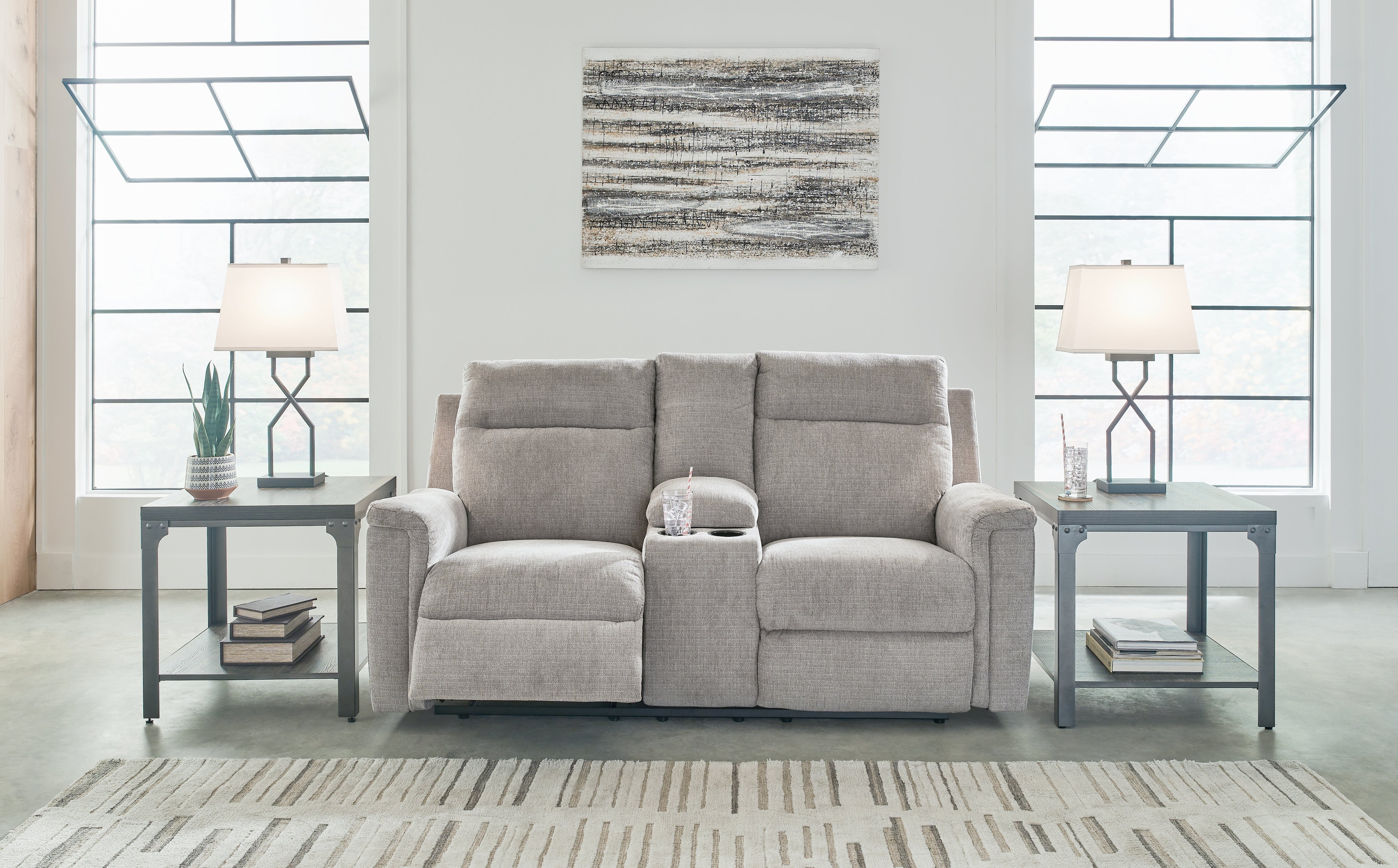 Leasing Furniture - Ashley Furniture - Barnsana Living Room - DBL REC PWR Loveseat w/Console / Ash - 3320196