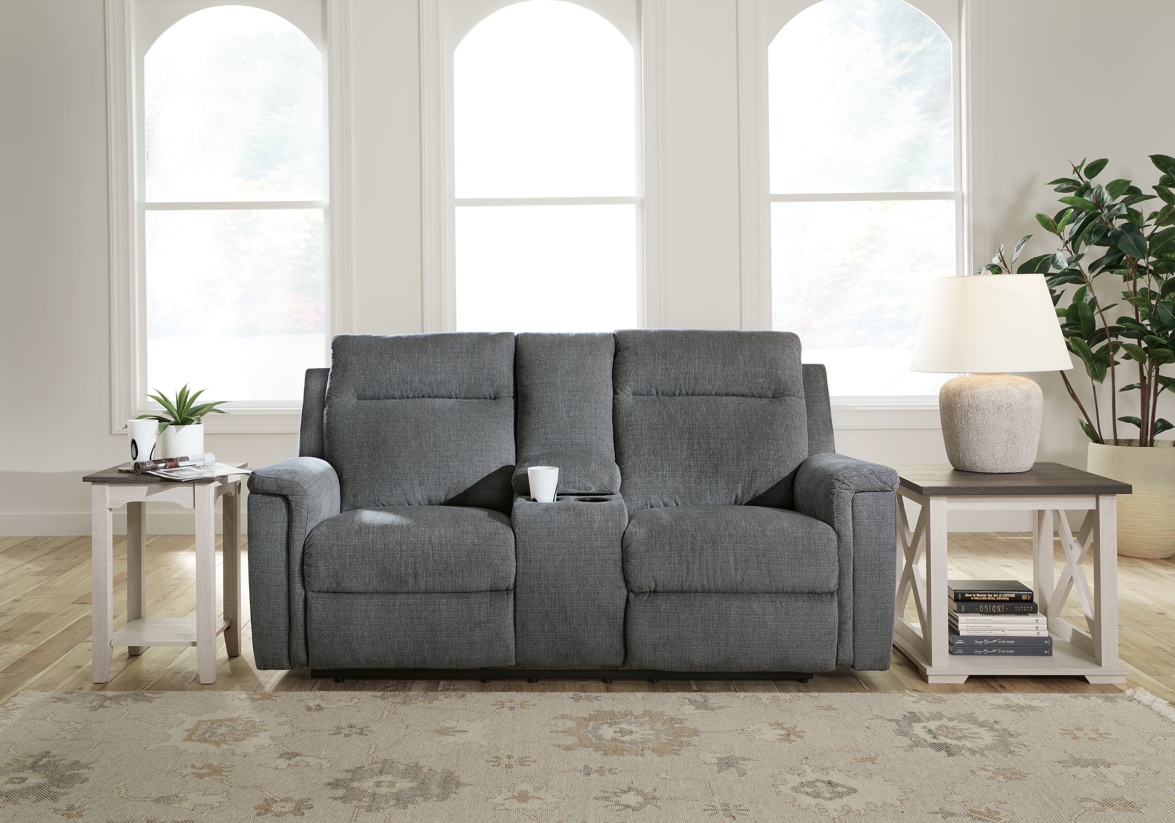 Leasing Furniture - Ashley Furniture - Barnsana Living Room - DBL REC PWR Loveseat w/Console / Gravel - 3320296