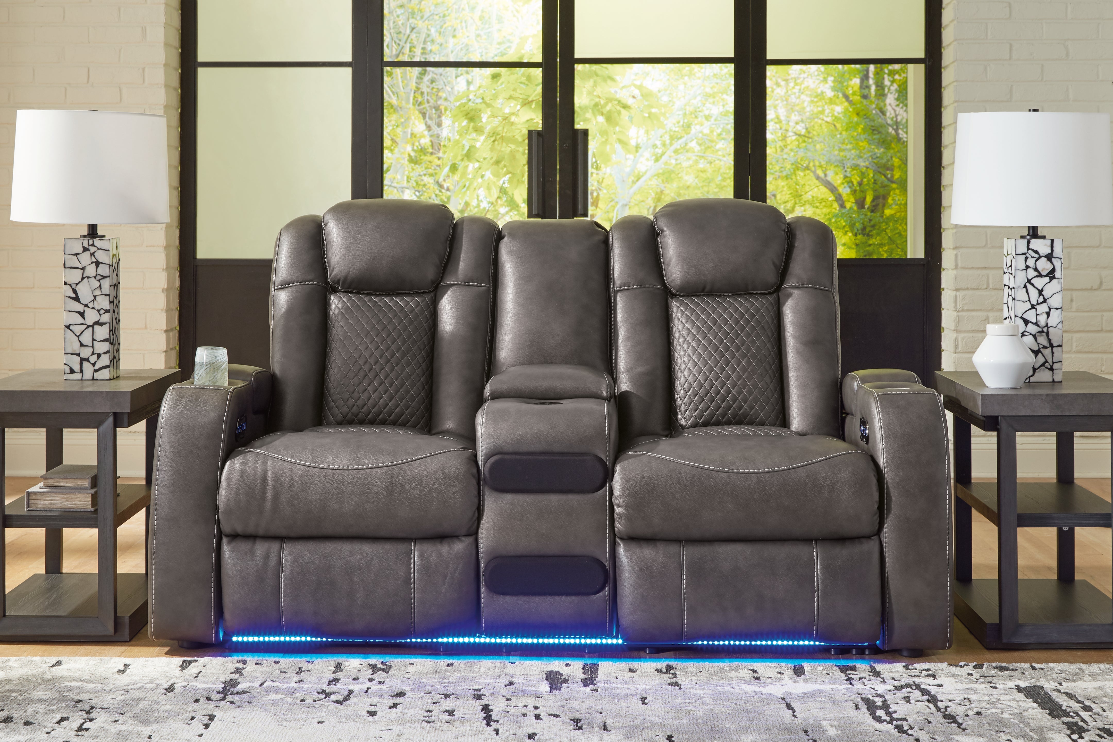 Leasing Furniture - Ashley Furniture - Fyne-Dyme Living Room - PWR REC Loveseat/CON/ADJ HDRST / Shadow - 3660218