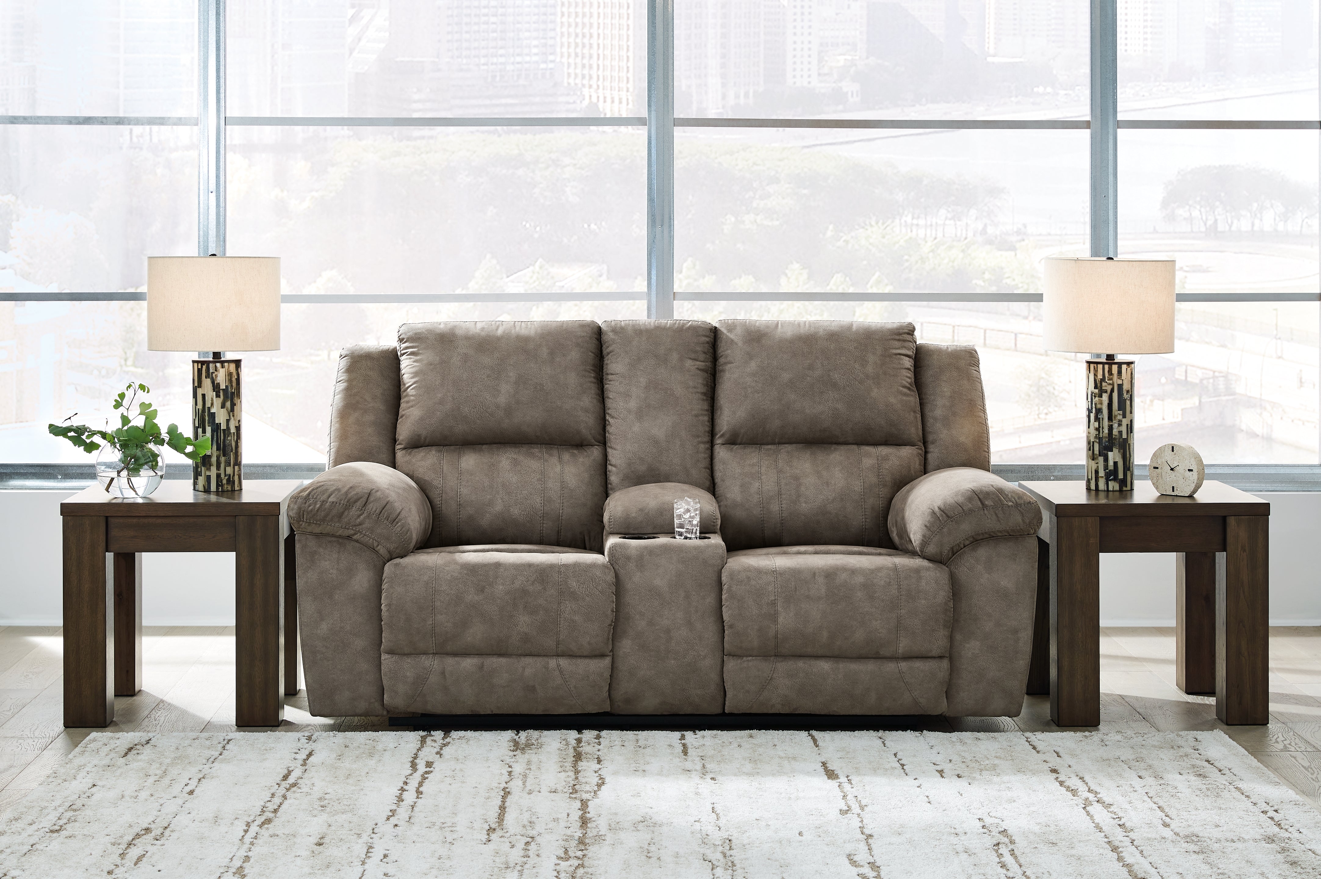 Leasing Furniture - Ashley Furniture - Laresview Living Room - DBL Rec Loveseat w/Console / Fossil - 3720394