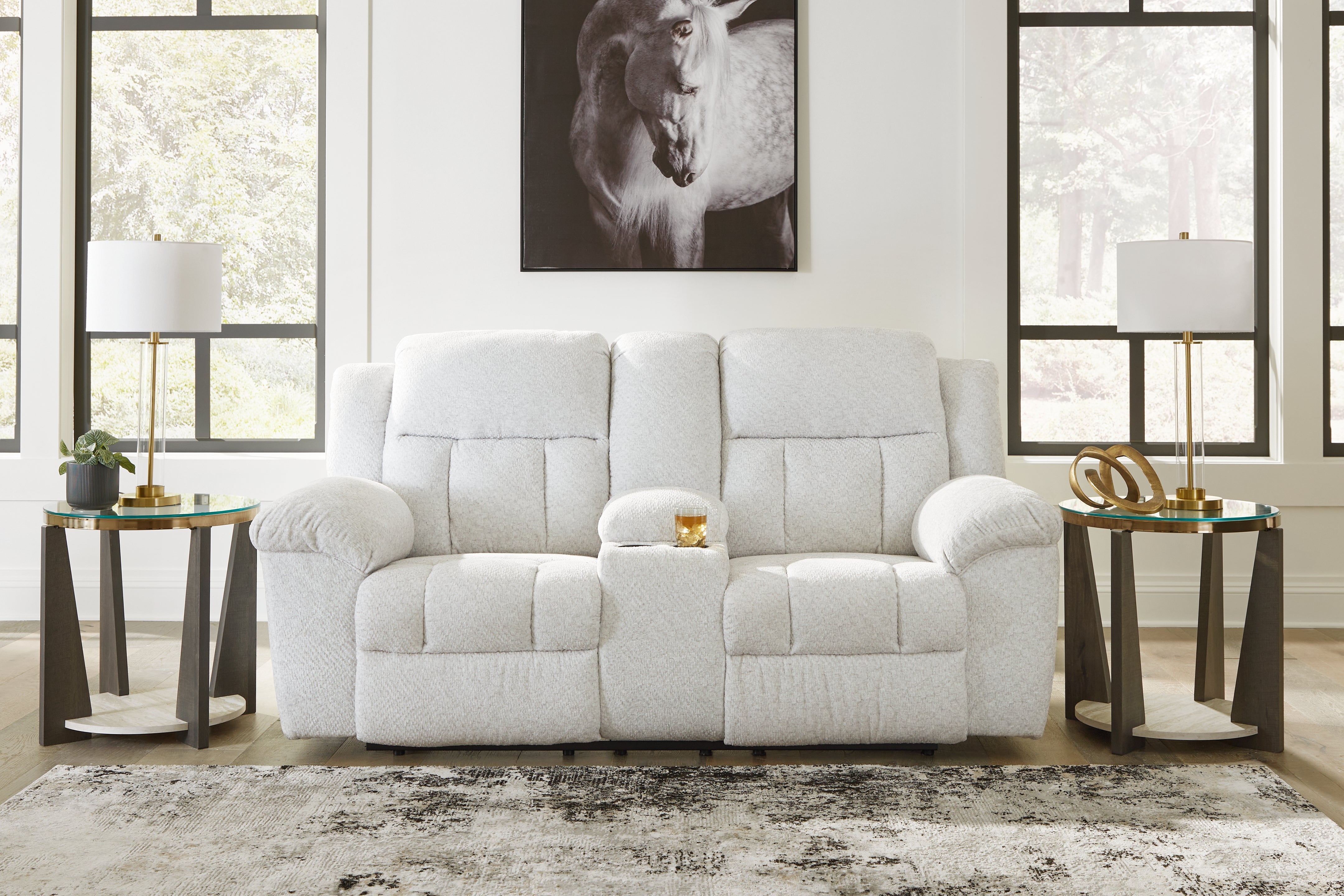 Leasing Furniture - Ashley Furniture - Frohn Living Room - DBL Rec Loveseat w/Console / Snow - 3740594