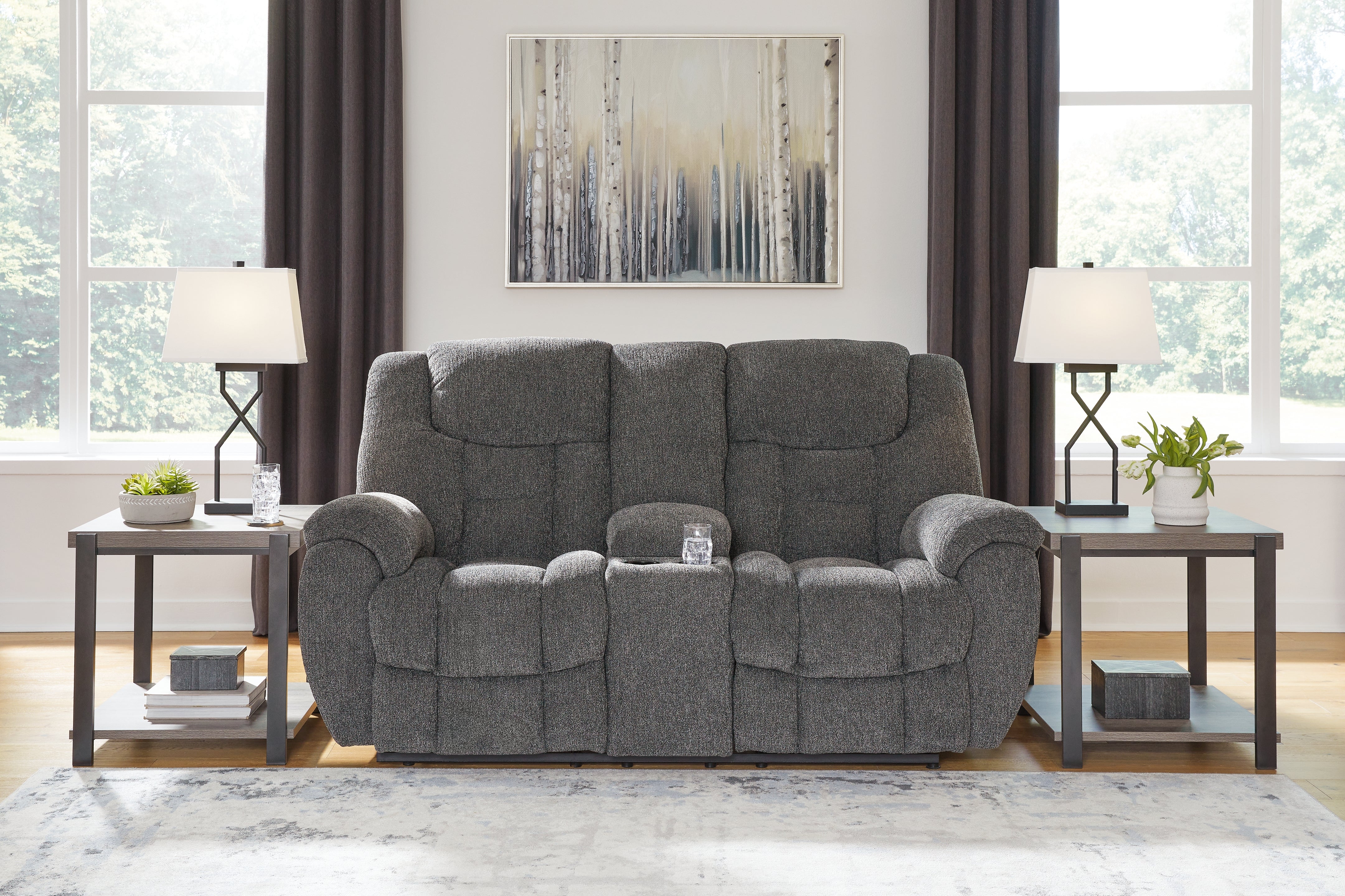 Leasing Furniture - Ashley Furniture - Foreside Living Room - DBL Rec Loveseat w/Console / Charcoal - 3810494
