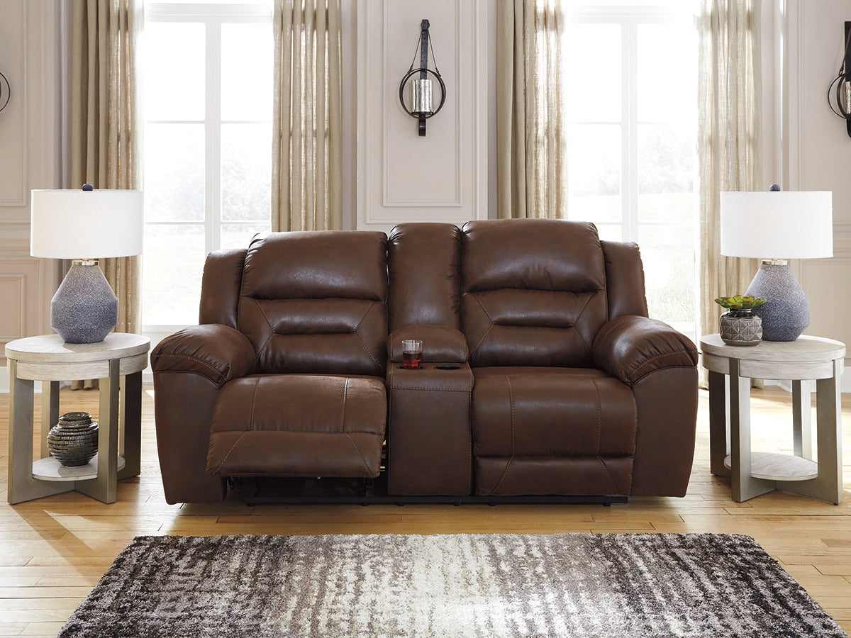 Leasing Furniture - Ashley Furniture - Stoneland Living Room - DBL REC PWR Loveseat w/Console / Chocolate - 3990496