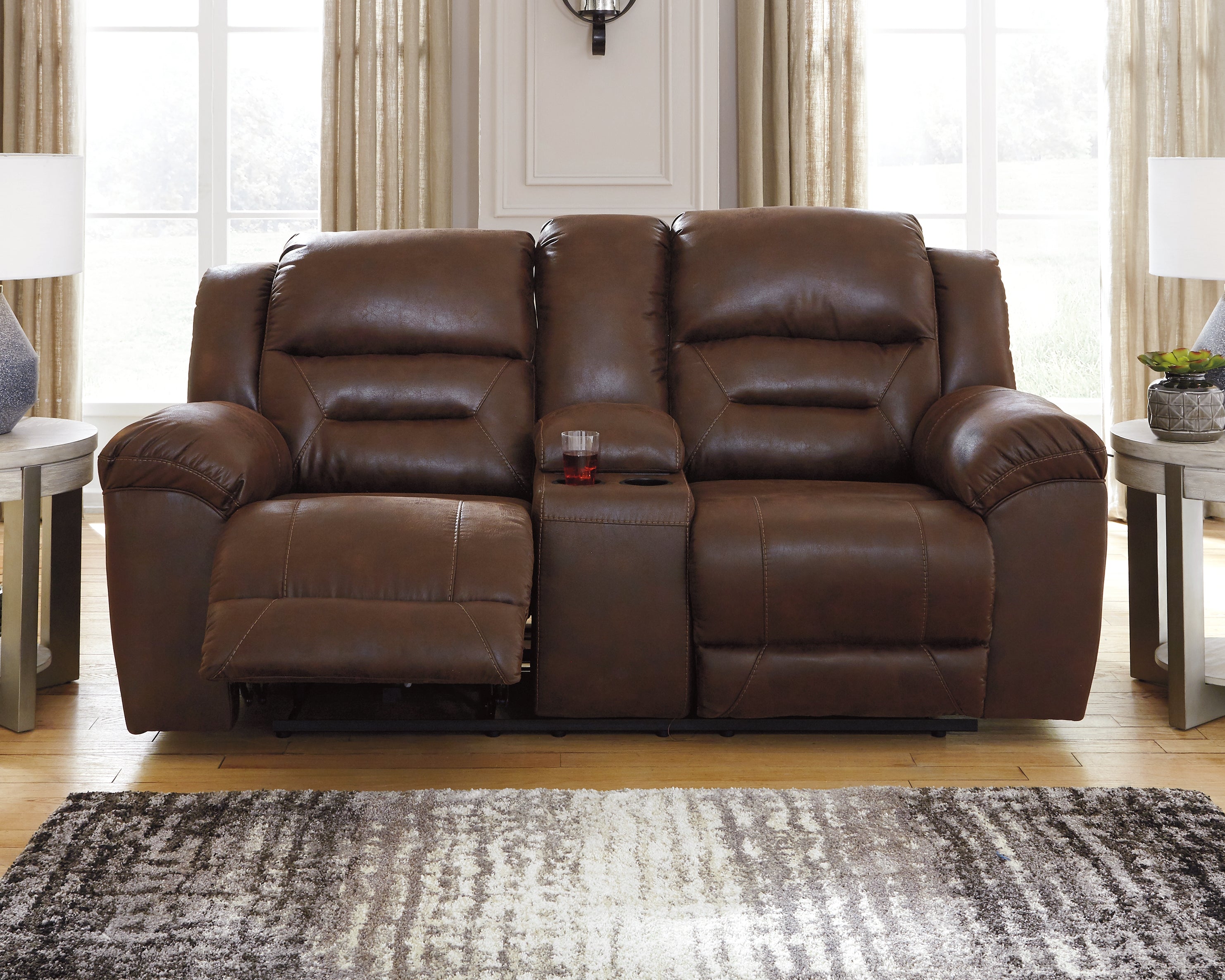 Leasing Furniture - Ashley Furniture - Stoneland Living Room - DBL Rec Loveseat w/Console / Chocolate - 3990494