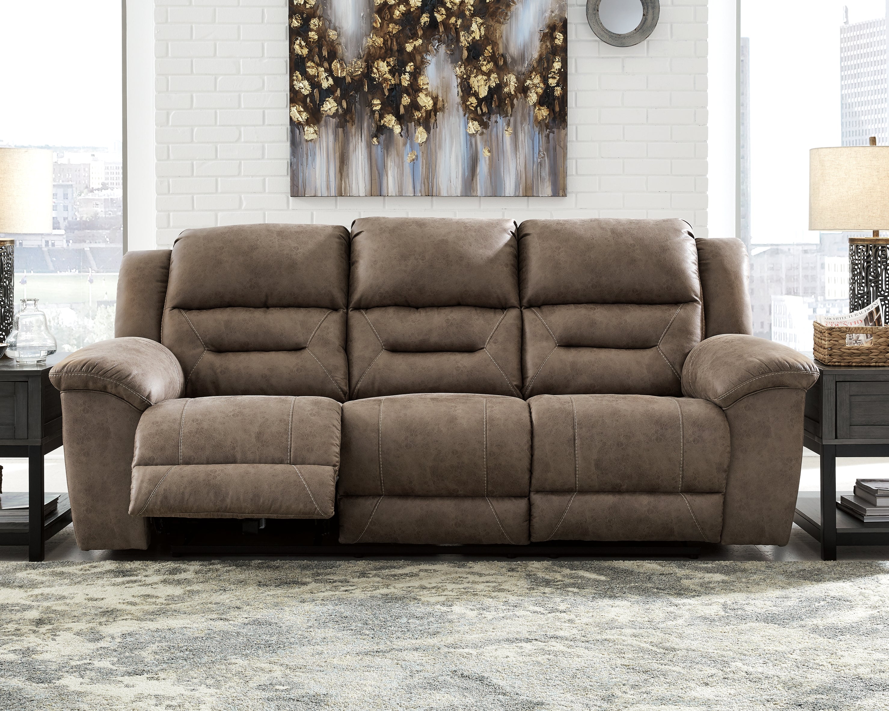 Leasing Furniture - Ashley Furniture - Stoneland Living Room - Reclining Power Sofa / Fossil - 3990587