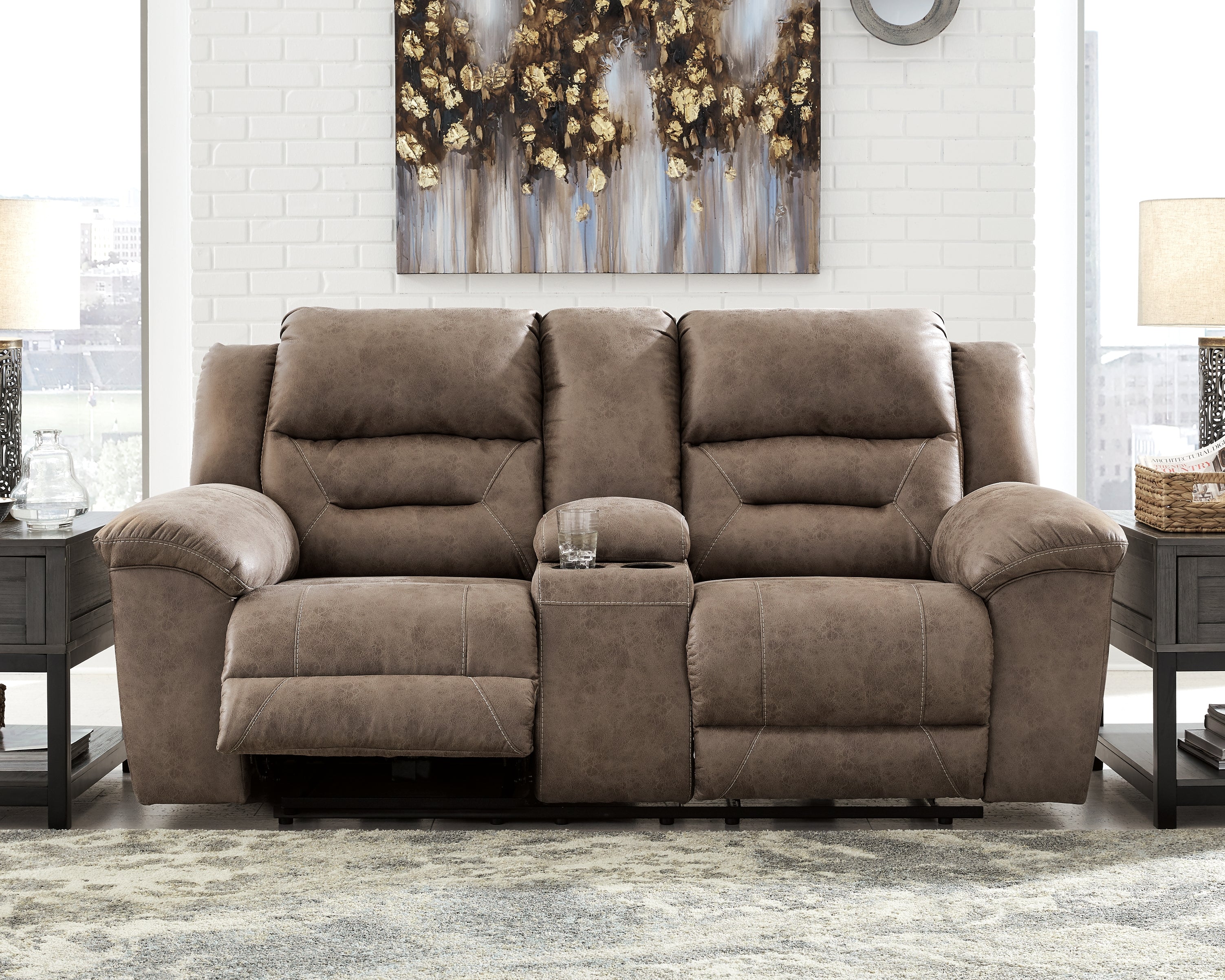 Leasing Furniture - Ashley Furniture - Stoneland Living Room - DBL REC PWR Loveseat w/Console / Fossil - 3990596