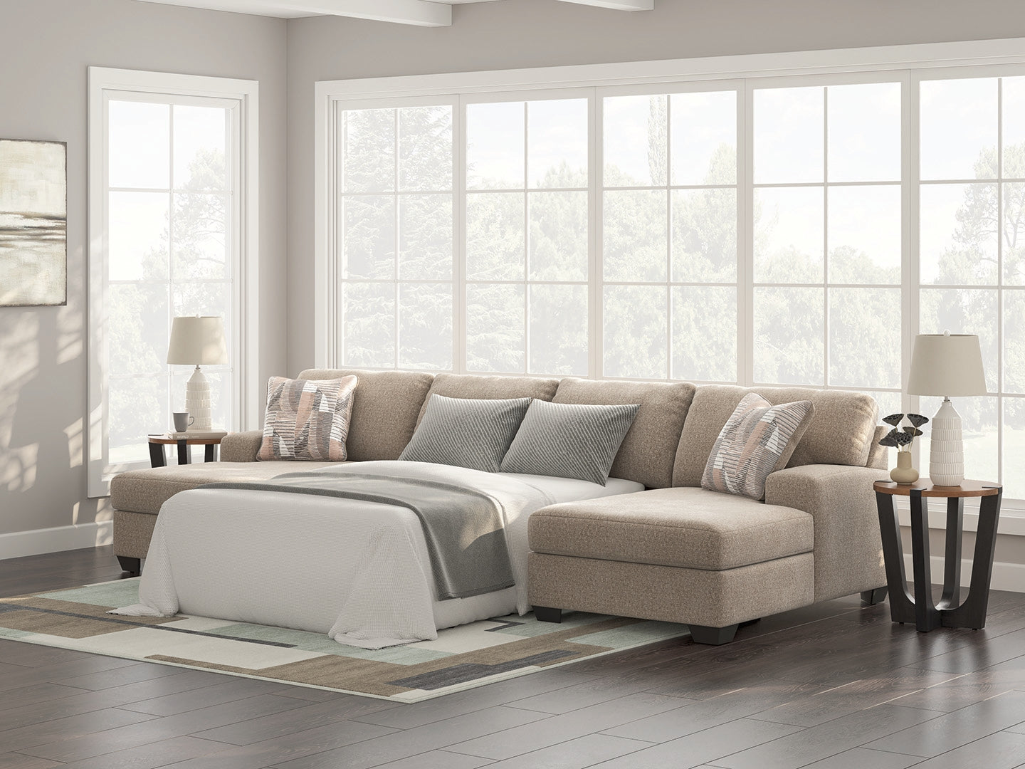 Leasing Furniture - Ashley Furniture - Newellen Sectional - RAF 3-Piece Sectional with Double Chaise / Hemp - 48404S7