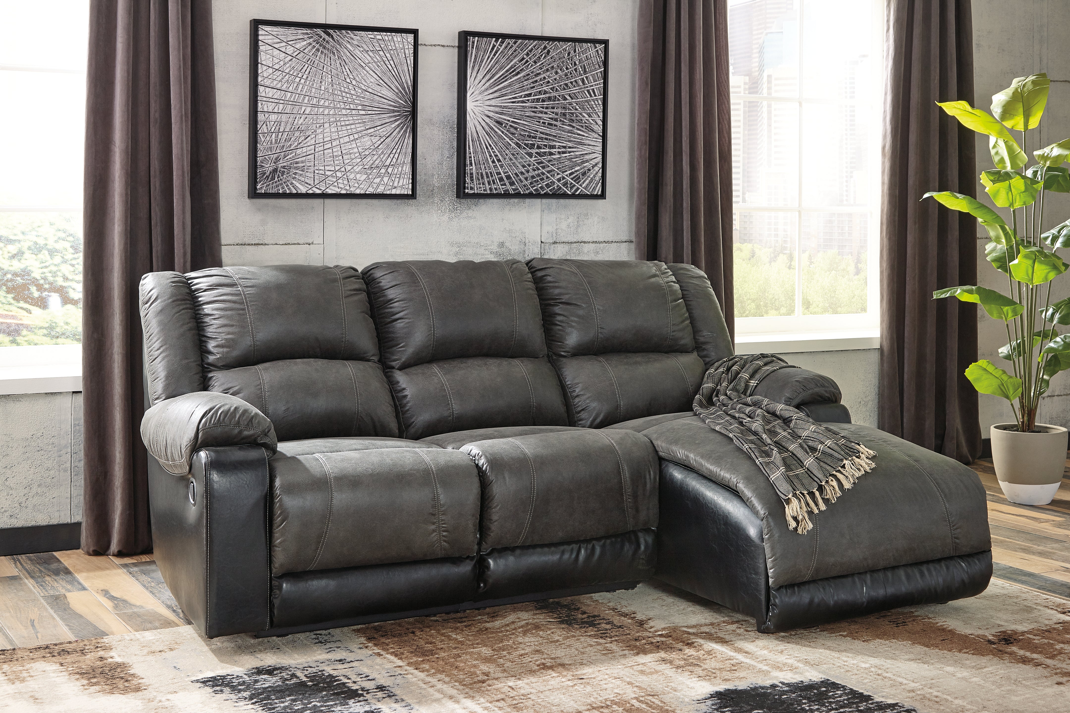 Leasing Furniture - Ashley Furniture - Nantahala Sectional - 3-Piece Reclining Sectional with Chaise / Slate - 50301S9