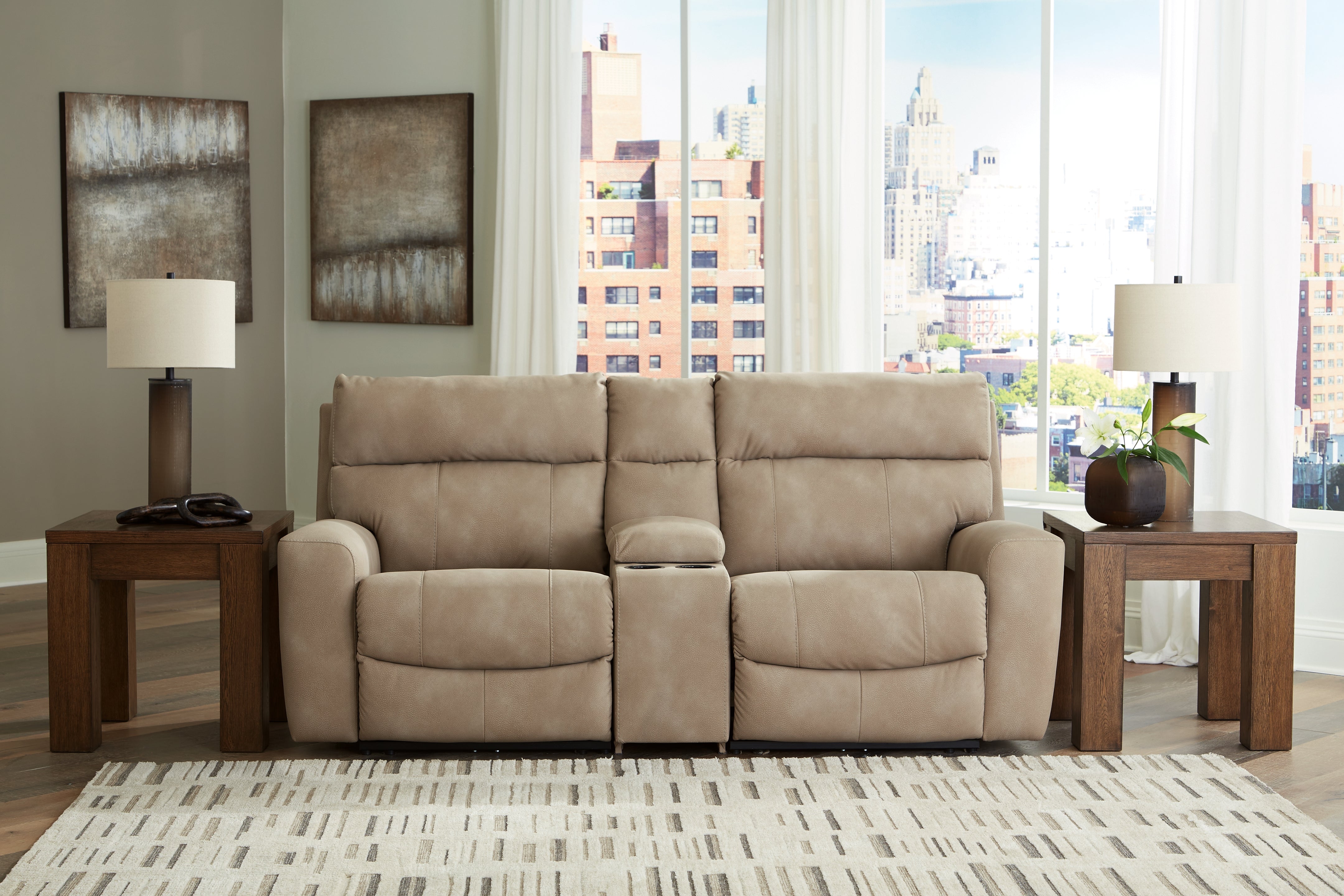 Leasing Furniture - Ashley Furniture - Next-Gen DuraPella Sectional - 3-Piece Power Reclining Sectional Loveseat with Console / Sand - 61004S3