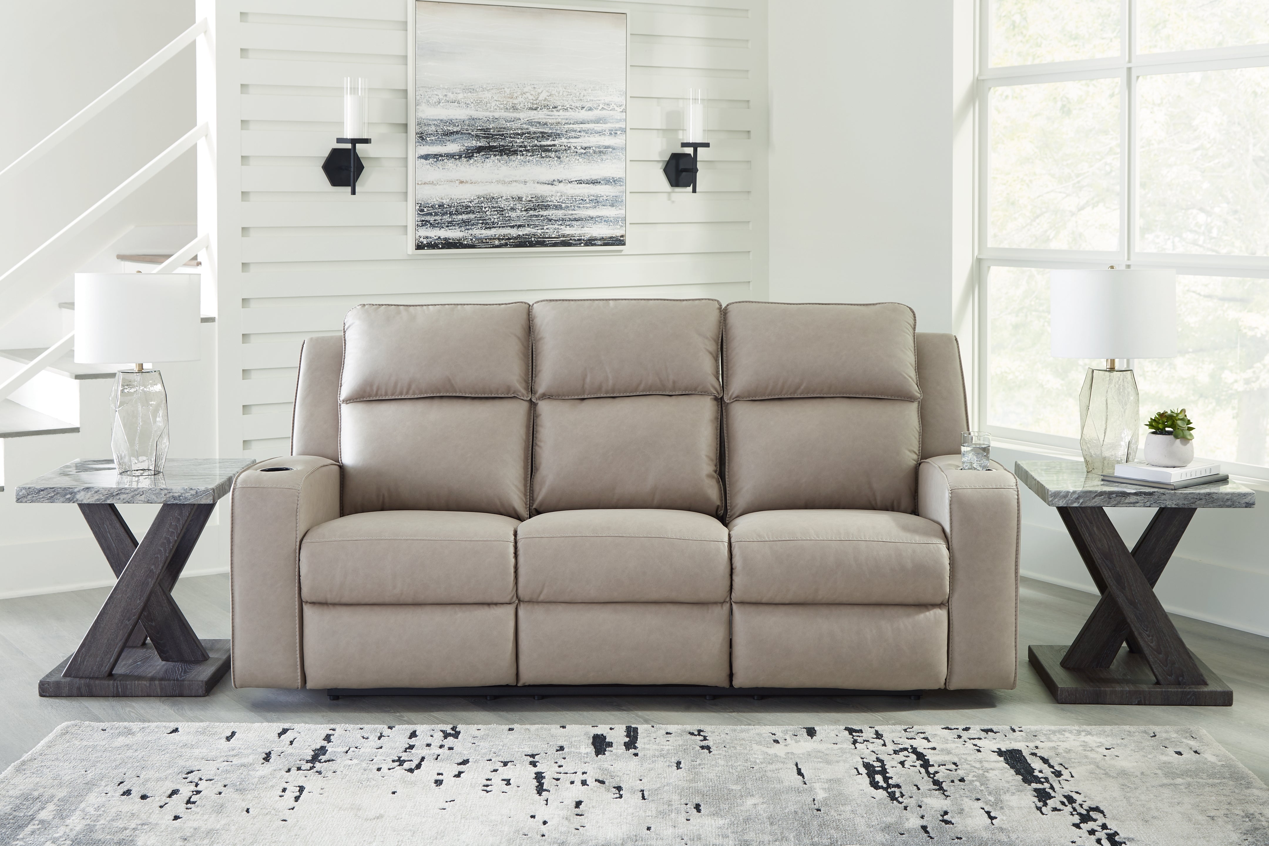 Leasing Furniture - Ashley Furniture - Lavenhorne Living Room - REC Sofa w/Drop Down Table / Pebble - 6330789