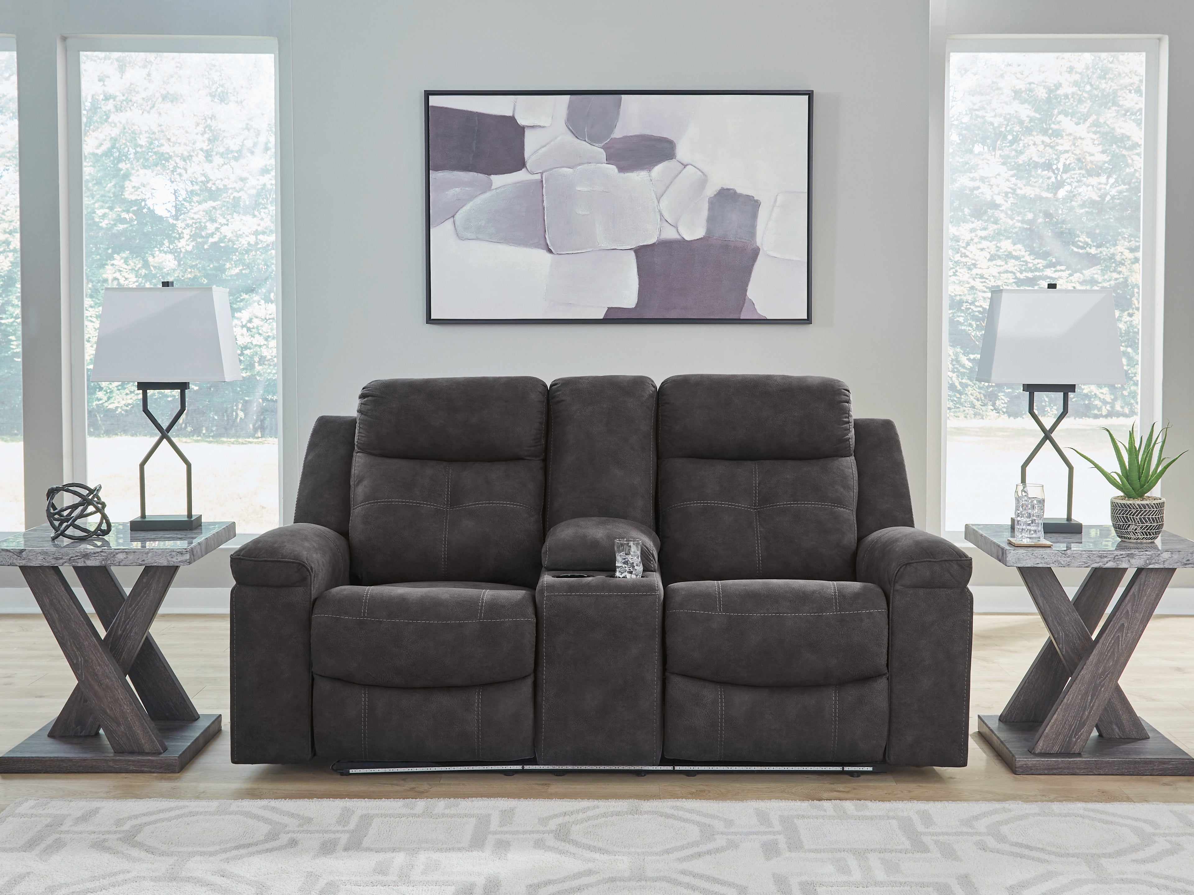 Leasing Furniture - Ashley Furniture - Brysonview Living Room - DBL Rec Loveseat w/Console / Charcoal - 6360594