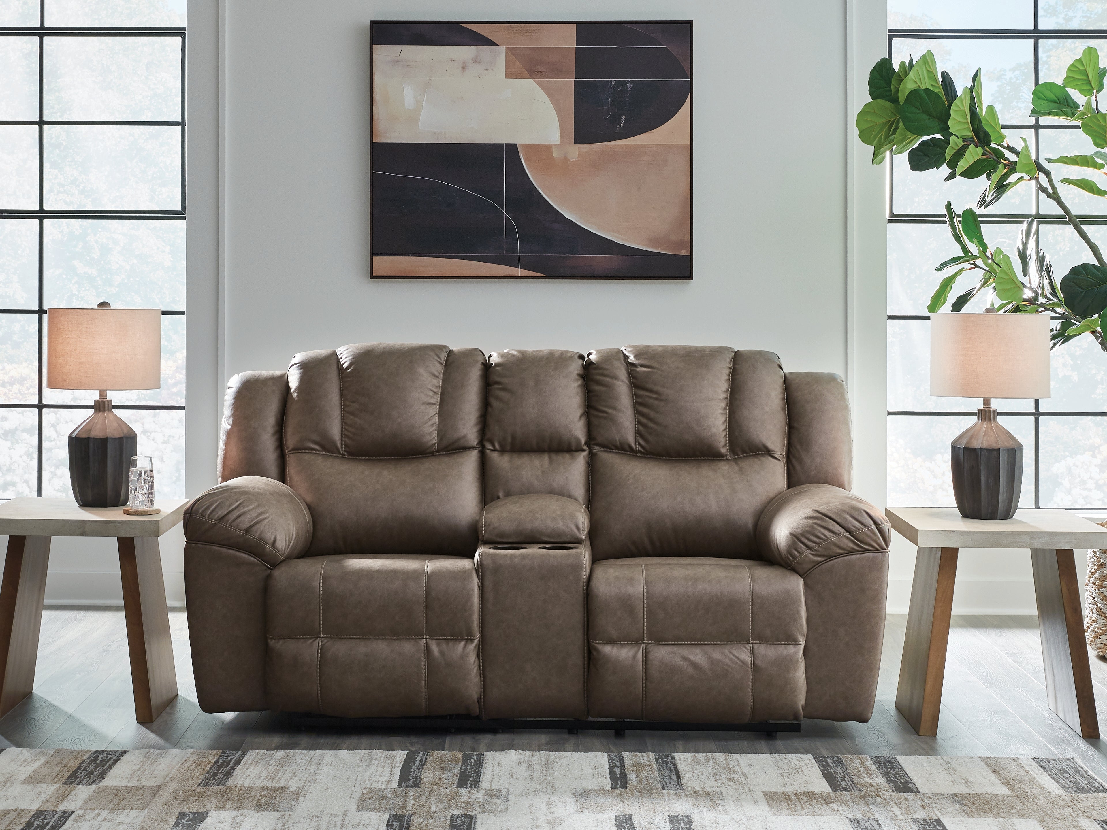 Leasing Furniture - Ashley Furniture - Lowilla Living Room - DBL Rec Loveseat w/Console / Driftwood - PC6450694