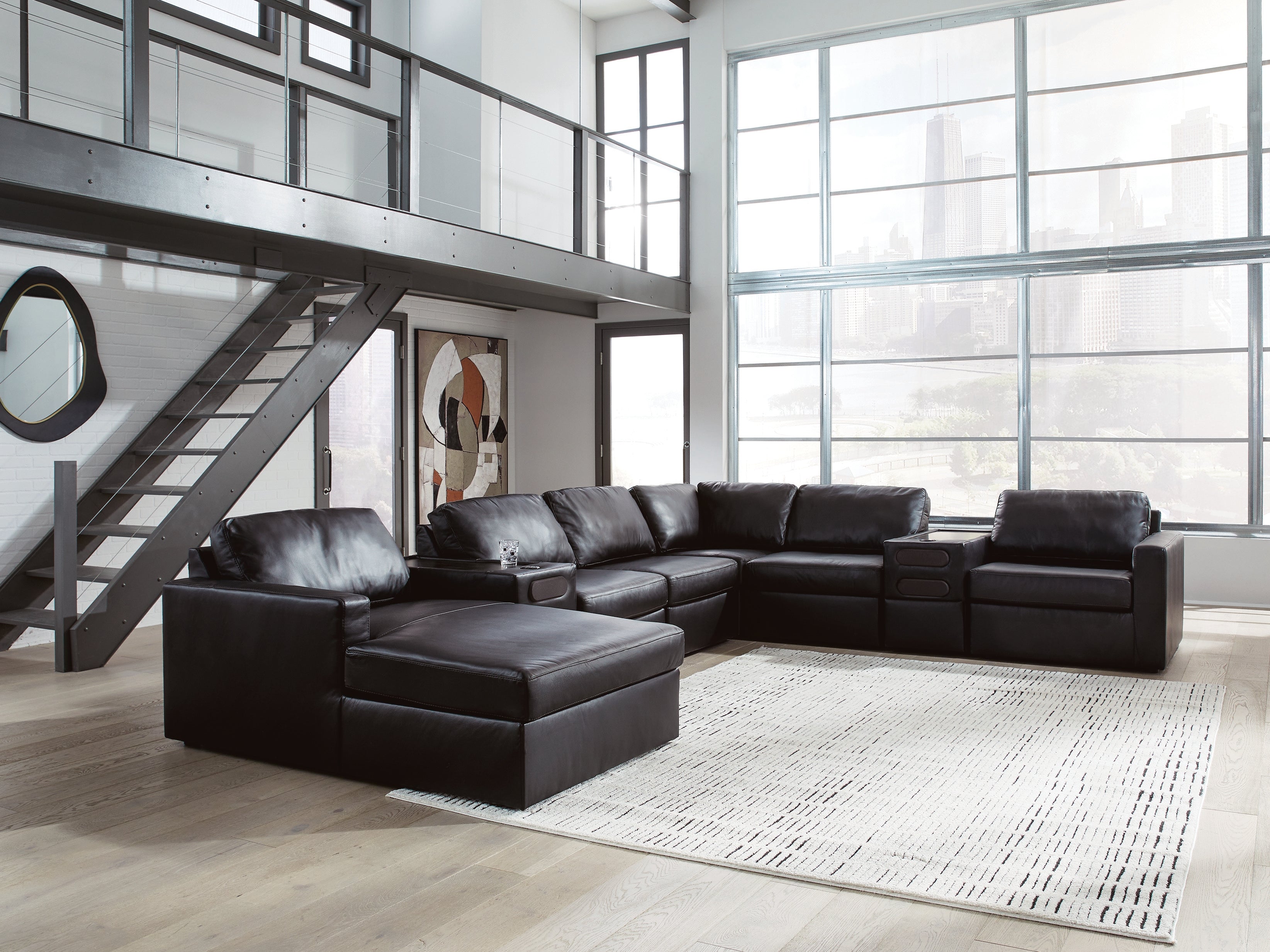 Leasing Furniture - Ashley Furniture - ModMax II Sectional - RAF 8-Piece Sectional with Chaise and Audio Consoles / Black - 74305S47