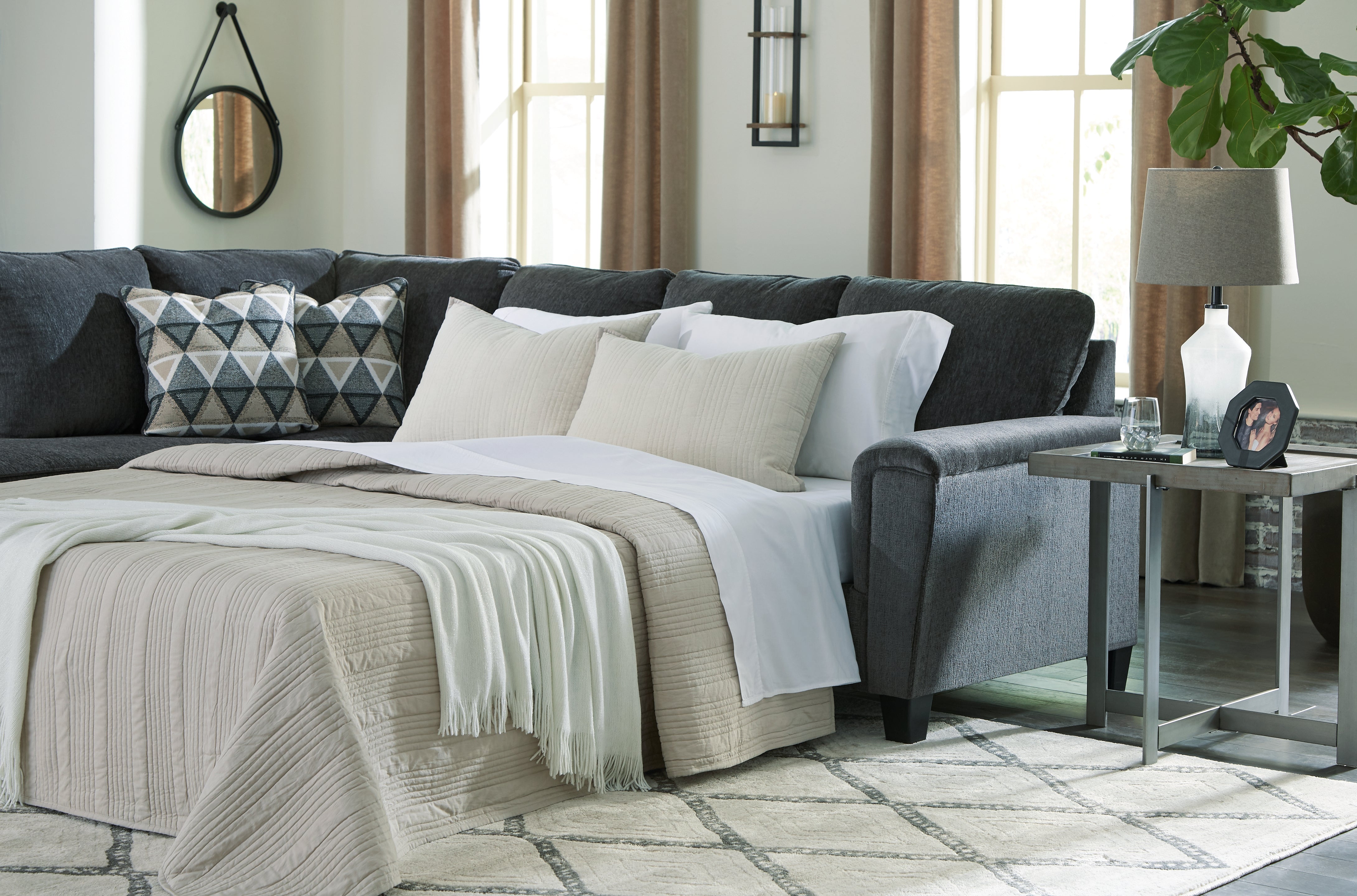 Leasing Furniture - Ashley Furniture - Abinger Sectional - RAF 2-Piece Sleeper Sectional with Chaise / Smoke - 83905S3