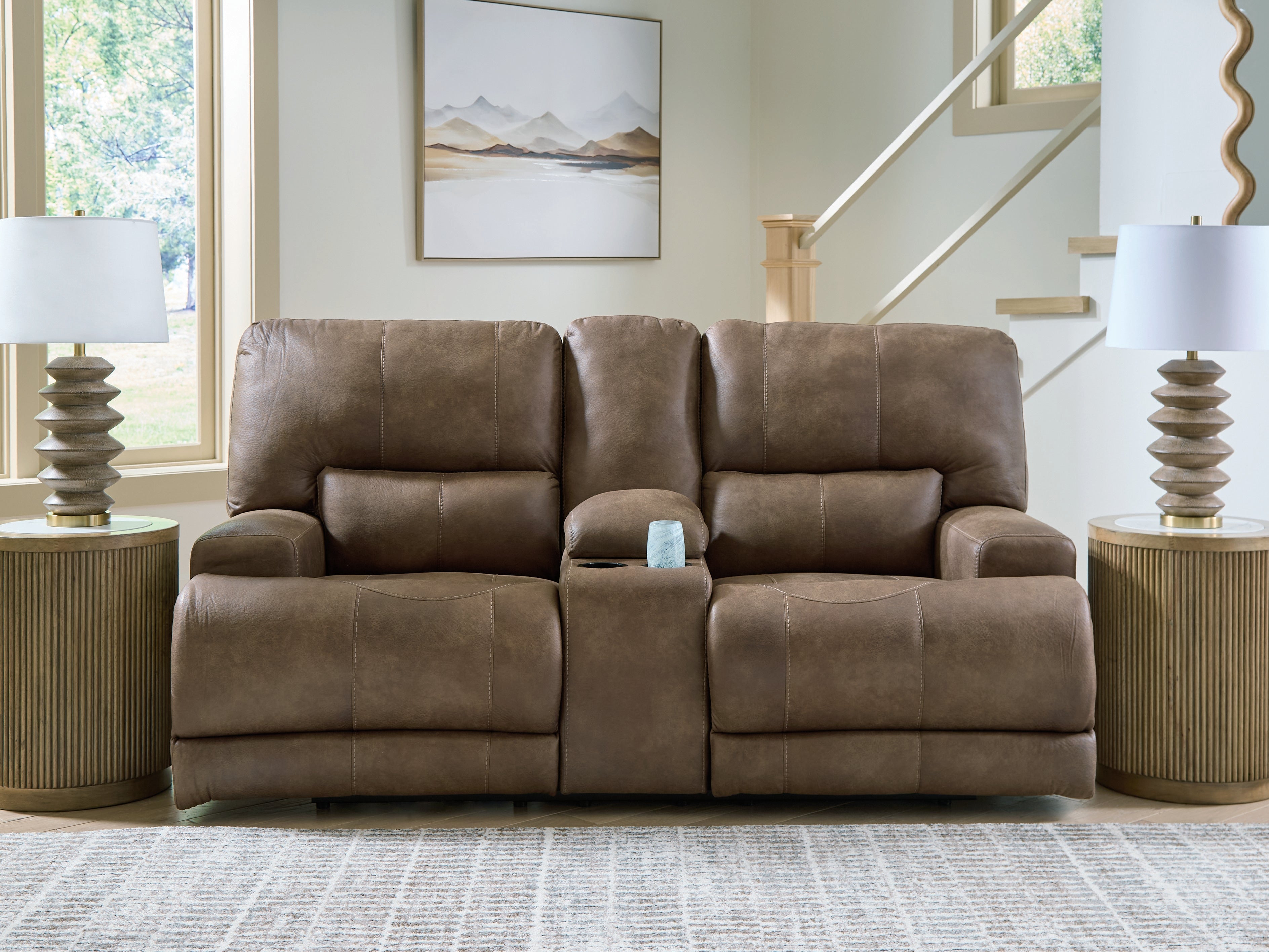 Leasing Furniture - Ashley Furniture - Beckley Place Living Room - PWR REC Loveseat/CON/ADJ HDRST / Earth - PC9180218