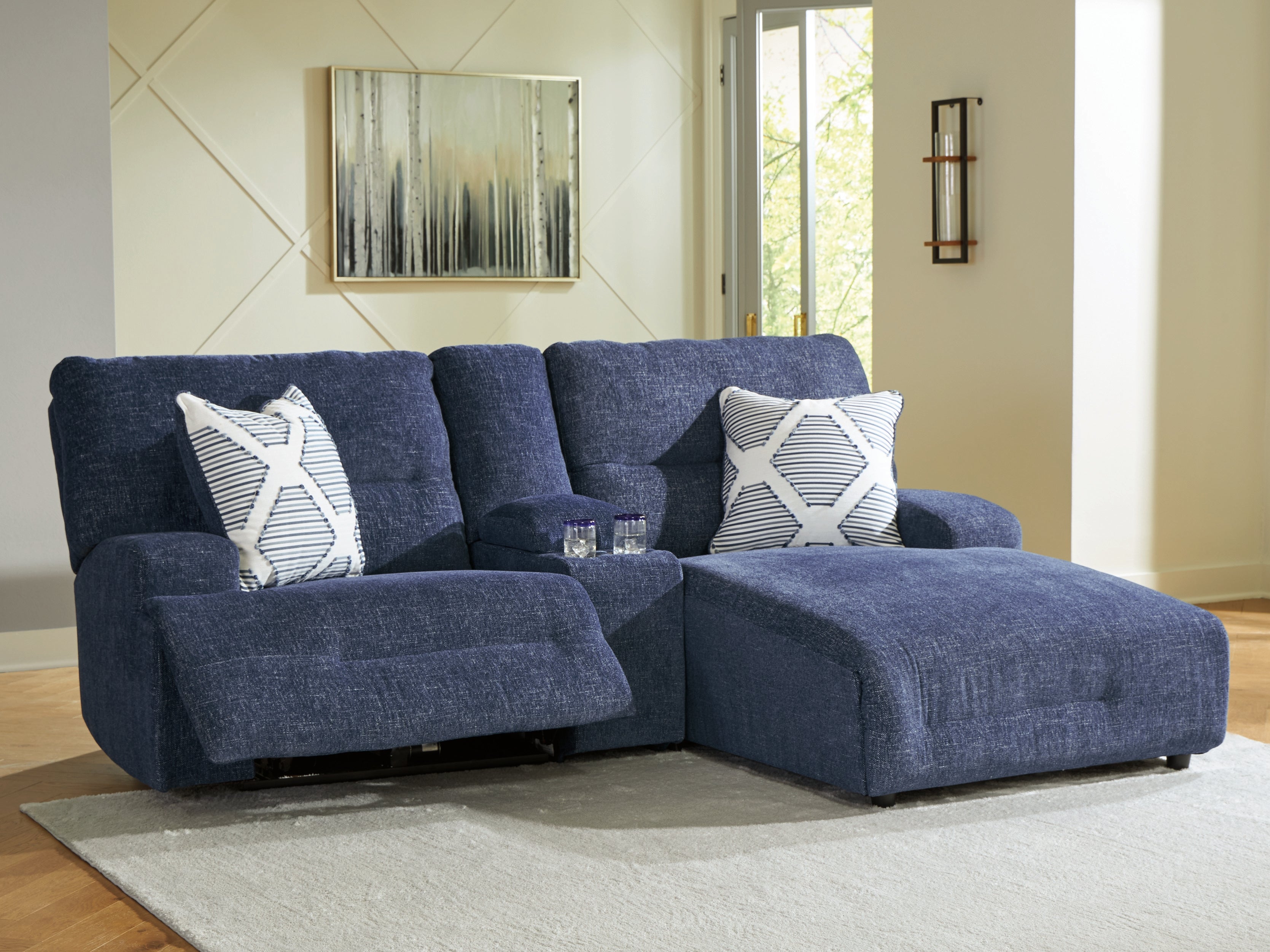Leasing Furniture - Ashley Furniture - Acklen Place Sectional - 3-Piece Power Reclining Sectional Sofa with Chaise / Navy - 93607S4