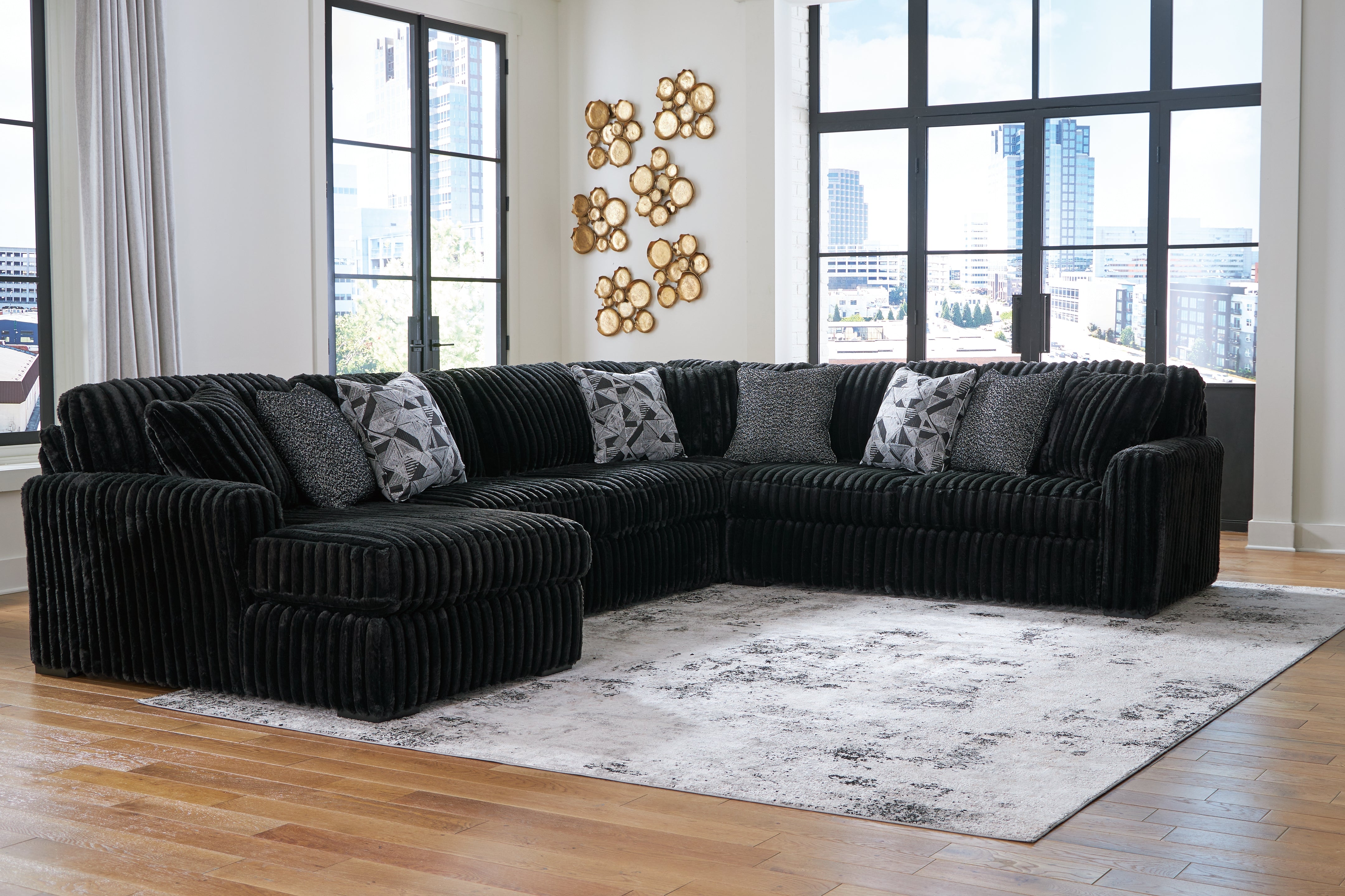 Leasing Furniture - Ashley Furniture - Midnight-Madness Sectional - RAF 4-Piece Sectional with Chaise / Onyx - 98103S4