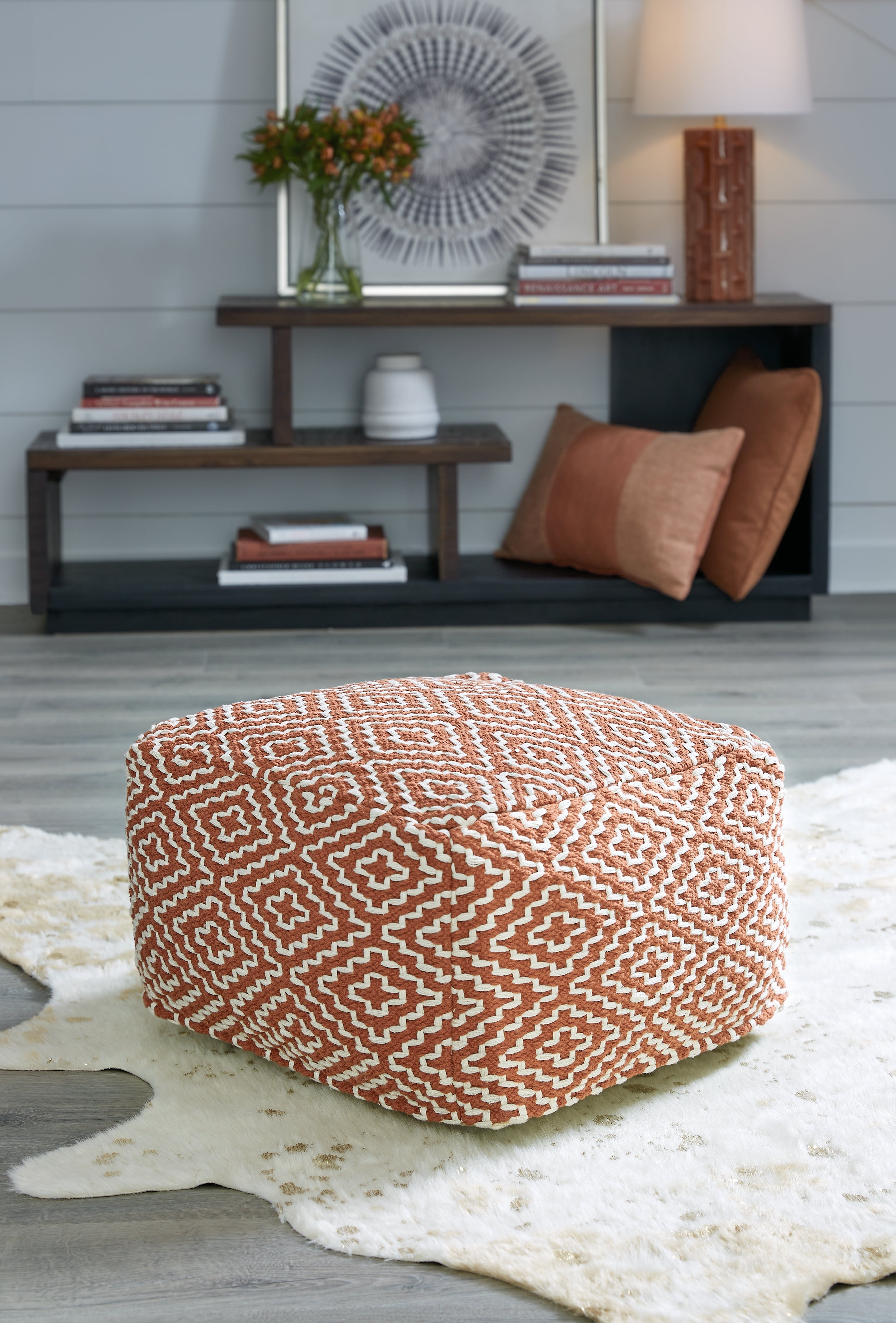 Leasing Furniture - Ashley Furniture - Brynnsen Pouf - Pouf / Rust/Ivory - A1001056