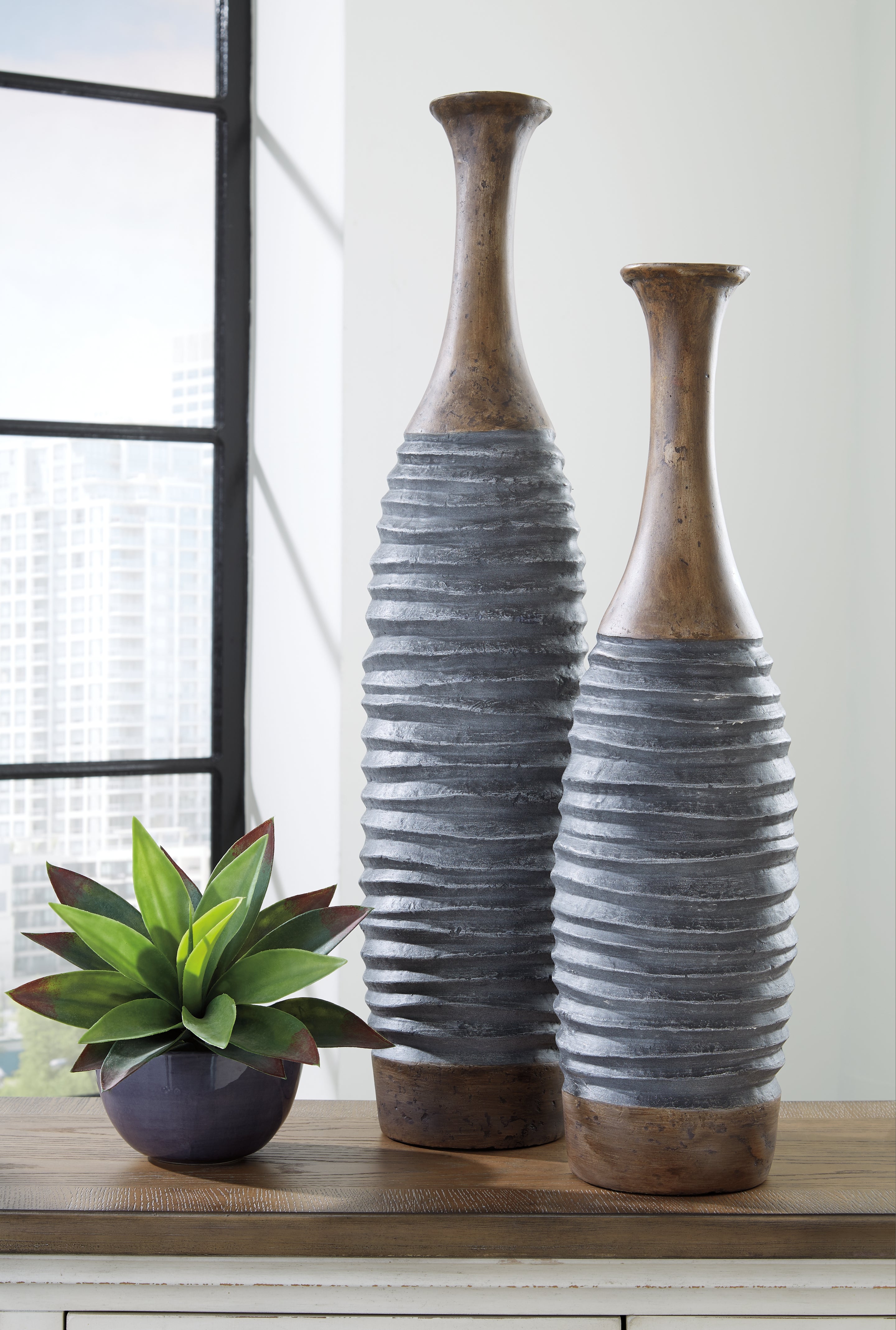 Leasing Furniture - Ashley Furniture - Blayze Vase - Vase Set (Set of 2) / Antique Gray/Brown - A2000388
