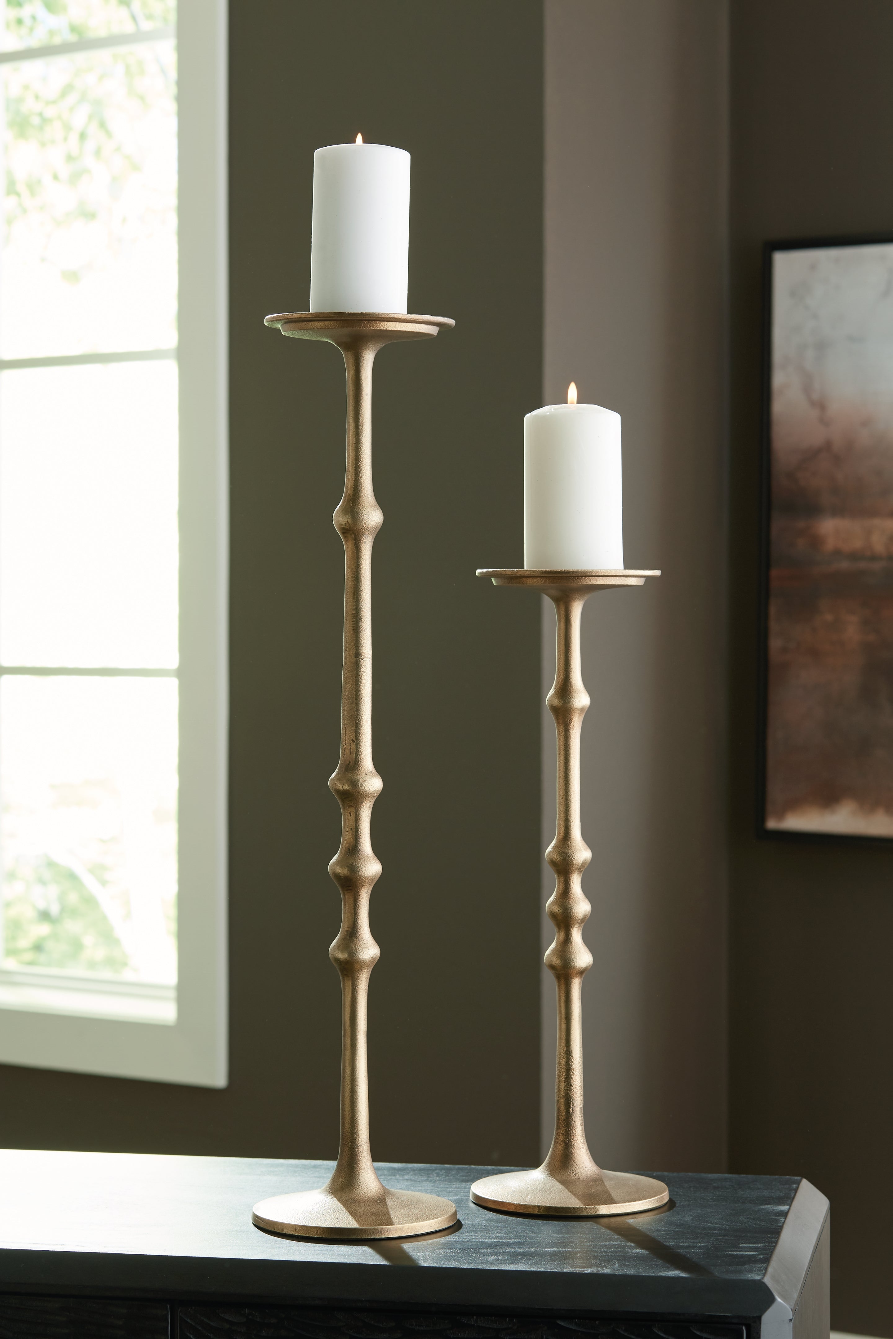 Leasing Furniture - Ashley Furniture - Larwick Candle Holder - Candle Holder Set (Set of 2) / Antique Brass Finish - A2000683