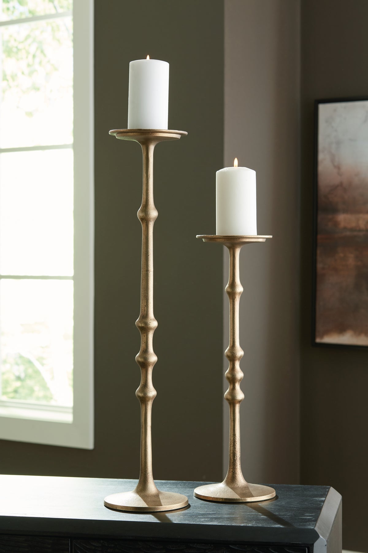 Leasing Furniture - Ashley Furniture - Larwick Candle Holder - Candle Holder Set (Set of 2) / Antique Brass Finish - A2000683