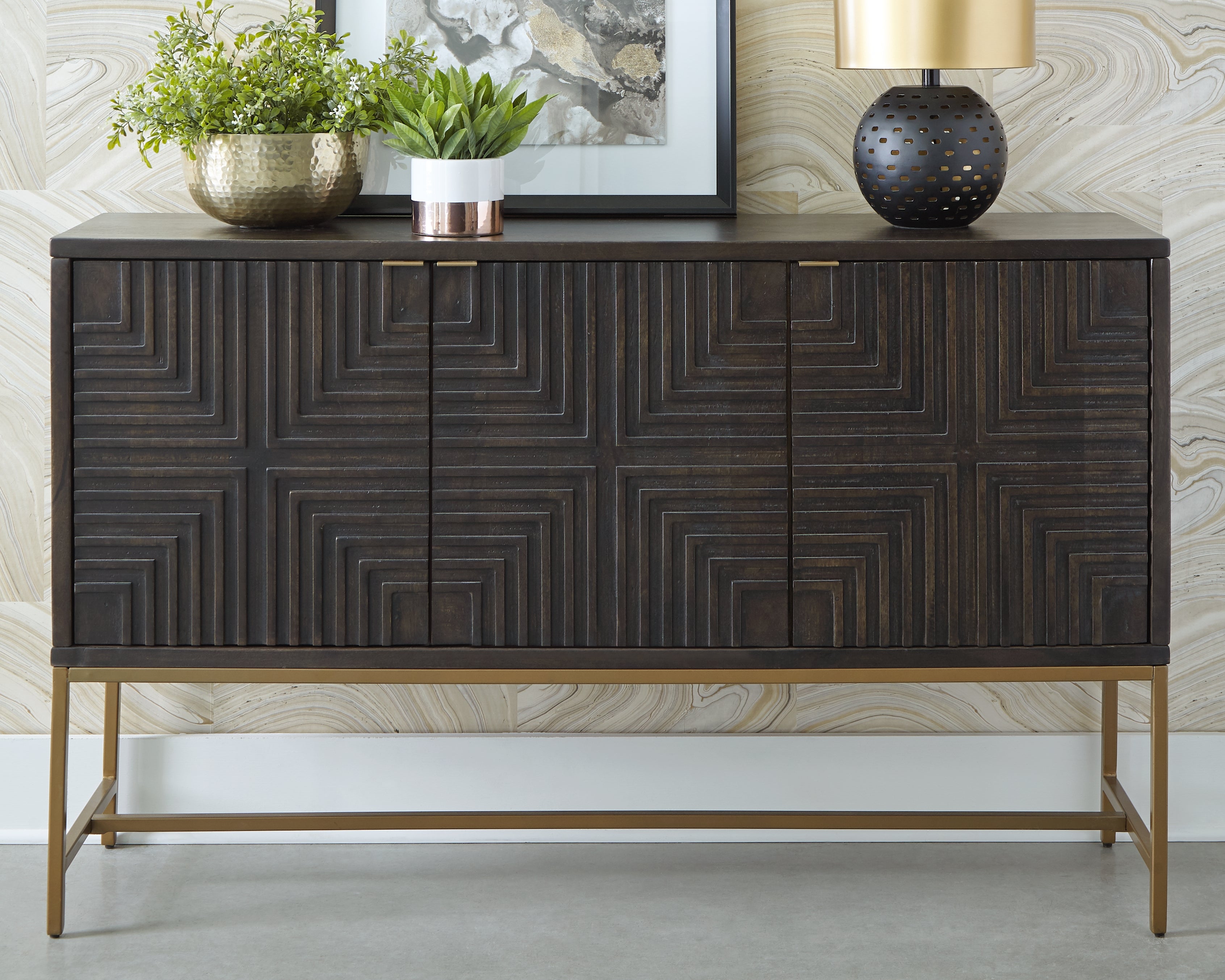 Leasing Furniture - Ashley Furniture - Elinmore Accent Cabinet - Accent Cabinet / Brown/Gold Finish - A4000316