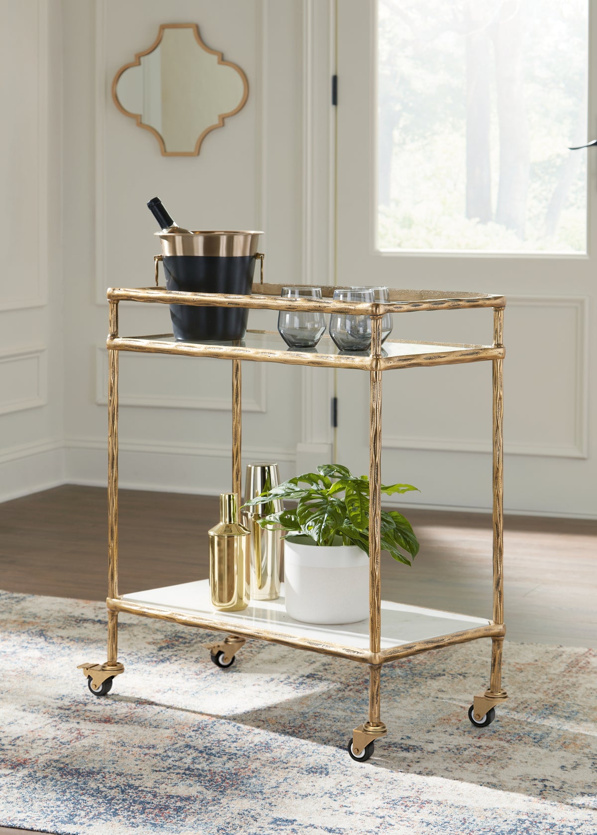 Leasing Furniture - Ashley Furniture - Plattfield Bar Cart - Bar Cart / Antique Gold Finish - A4000625
